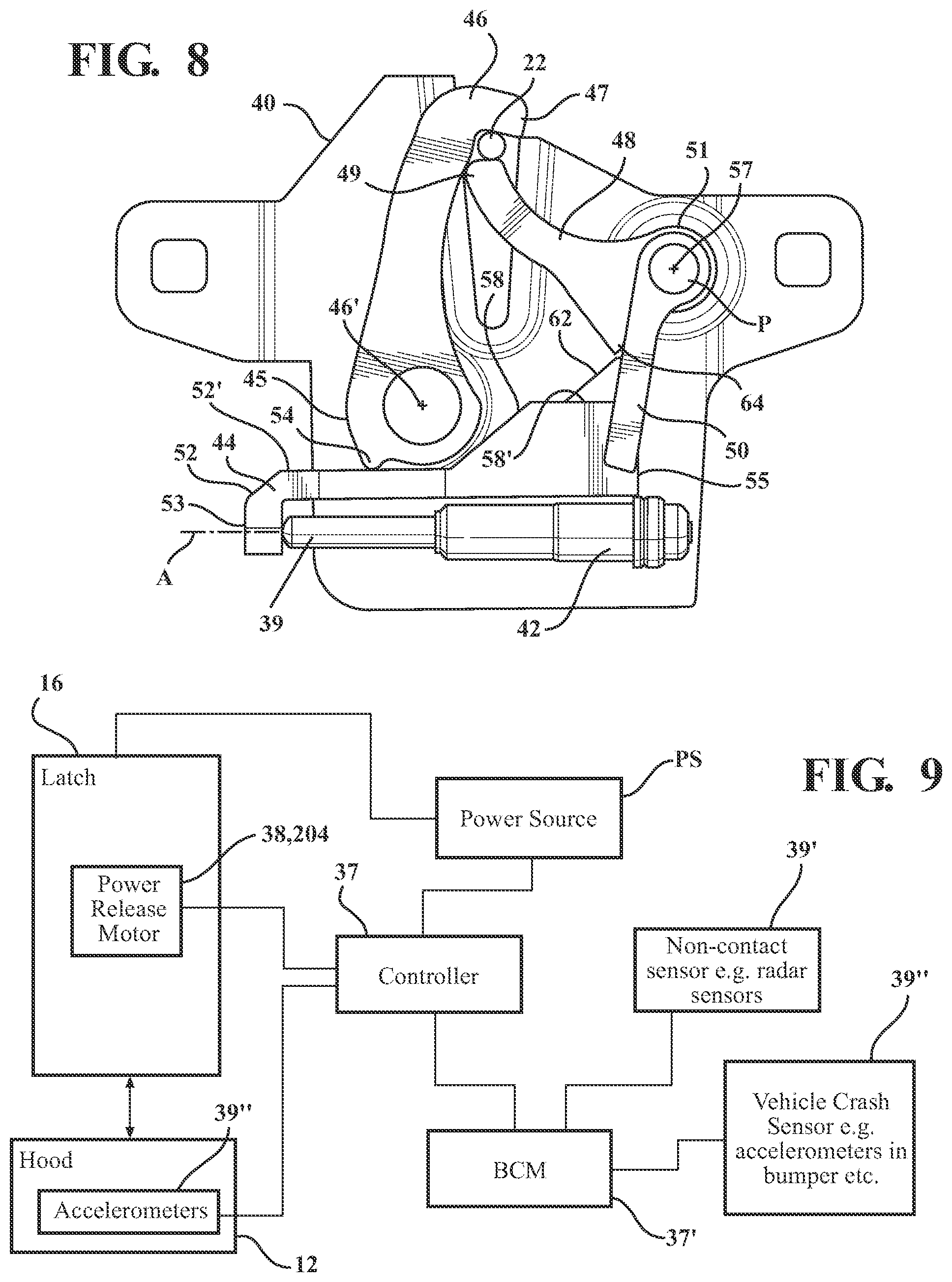 Patent US11781349 Figure 7 – Closure latch assembly for front trunk with pedestrian protection features
