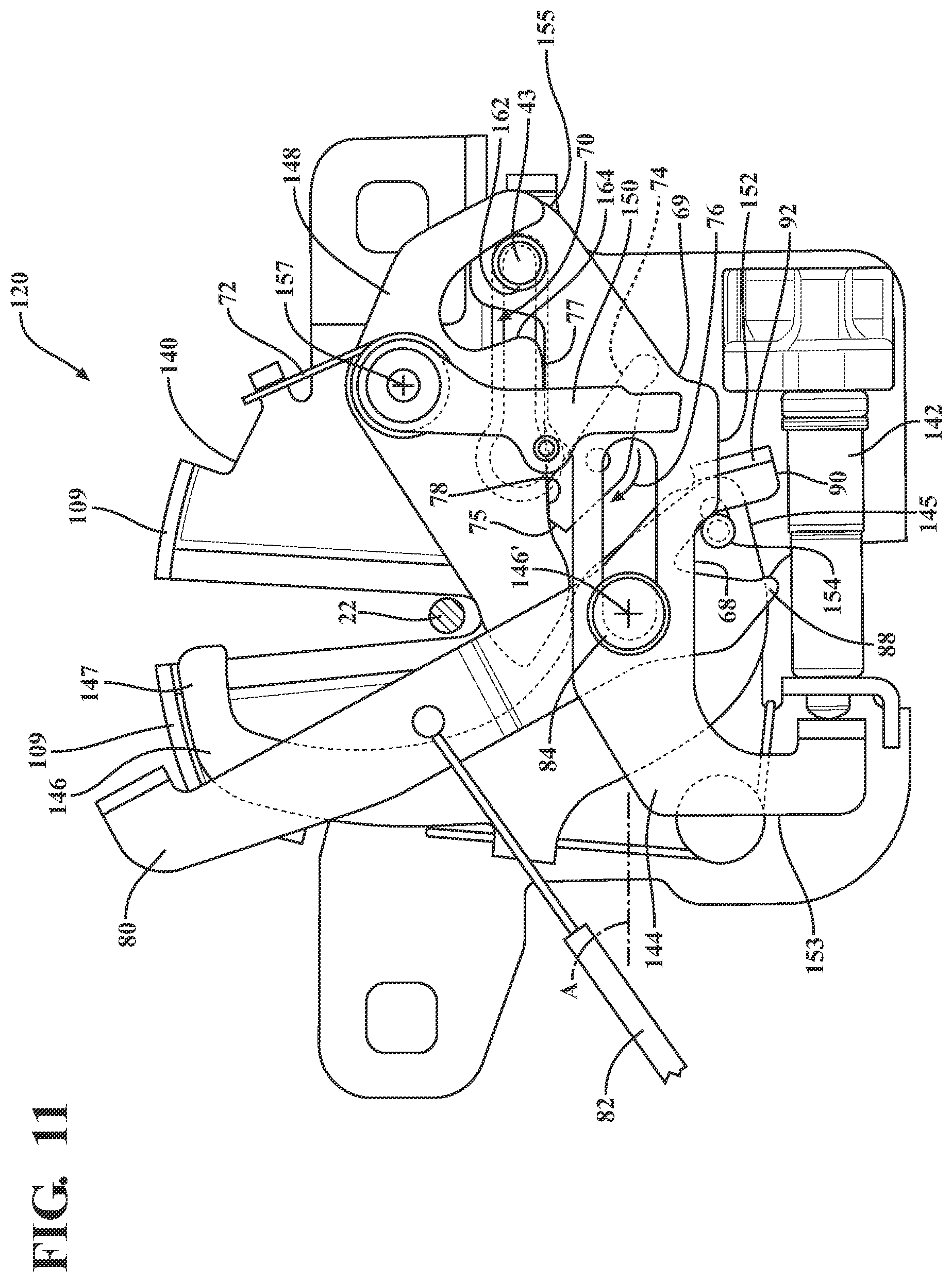 Patent US11781349 Figure 9 – Closure latch assembly for front trunk with pedestrian protection features