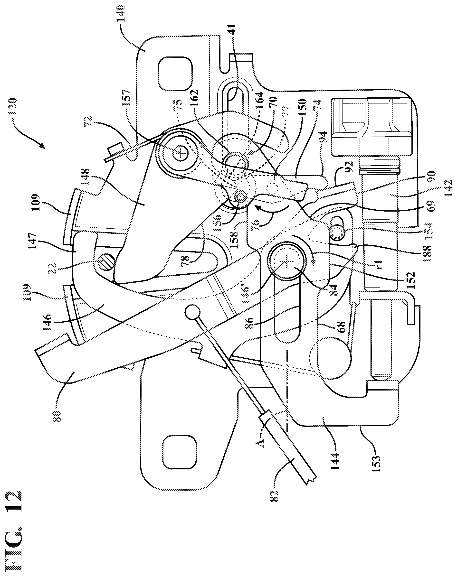 Patent US11781349 Figure 10 – Closure latch assembly for front trunk with pedestrian protection features