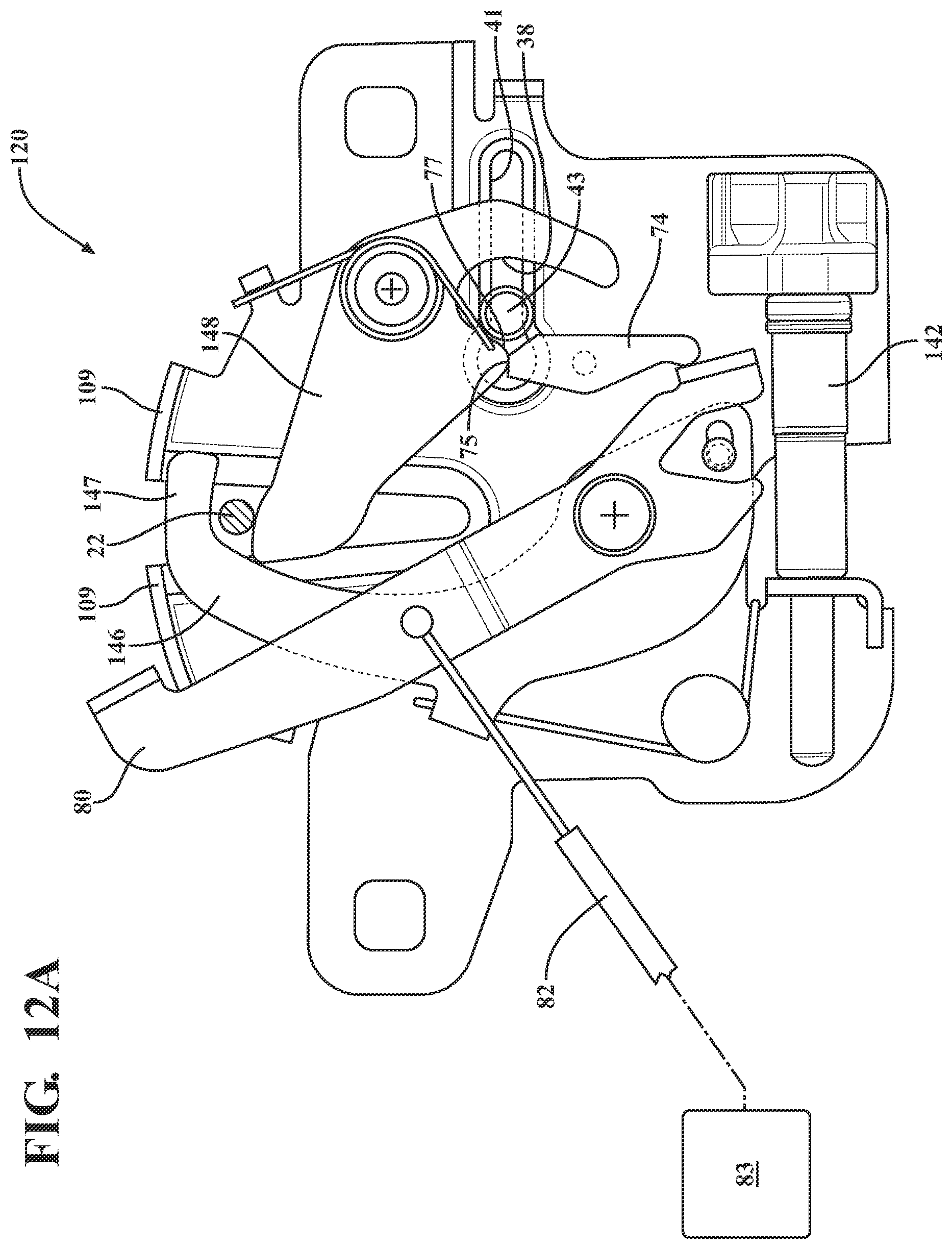 Patent US11781349 Figure 11 – Closure latch assembly for front trunk with pedestrian protection features