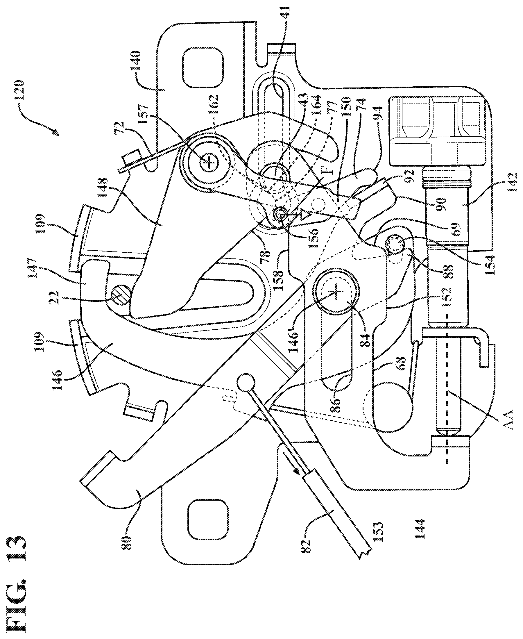 Patent US11781349 Figure 14 – Closure latch assembly for front trunk with pedestrian protection features