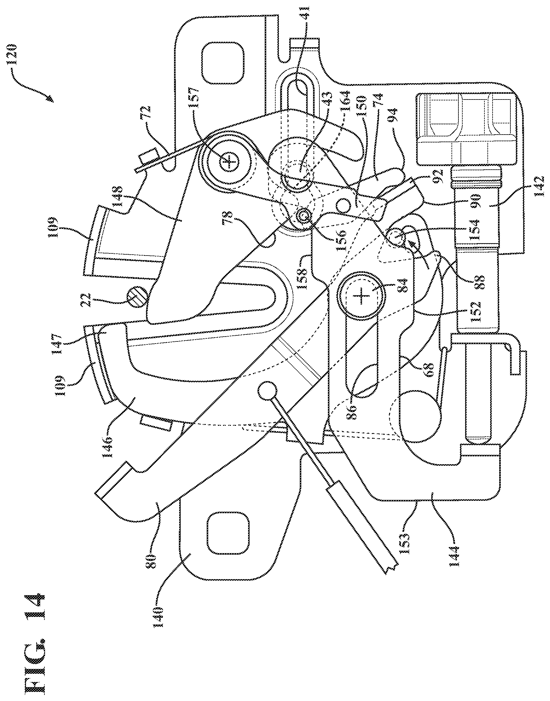 Patent US11781349 Figure 15 – Closure latch assembly for front trunk with pedestrian protection features