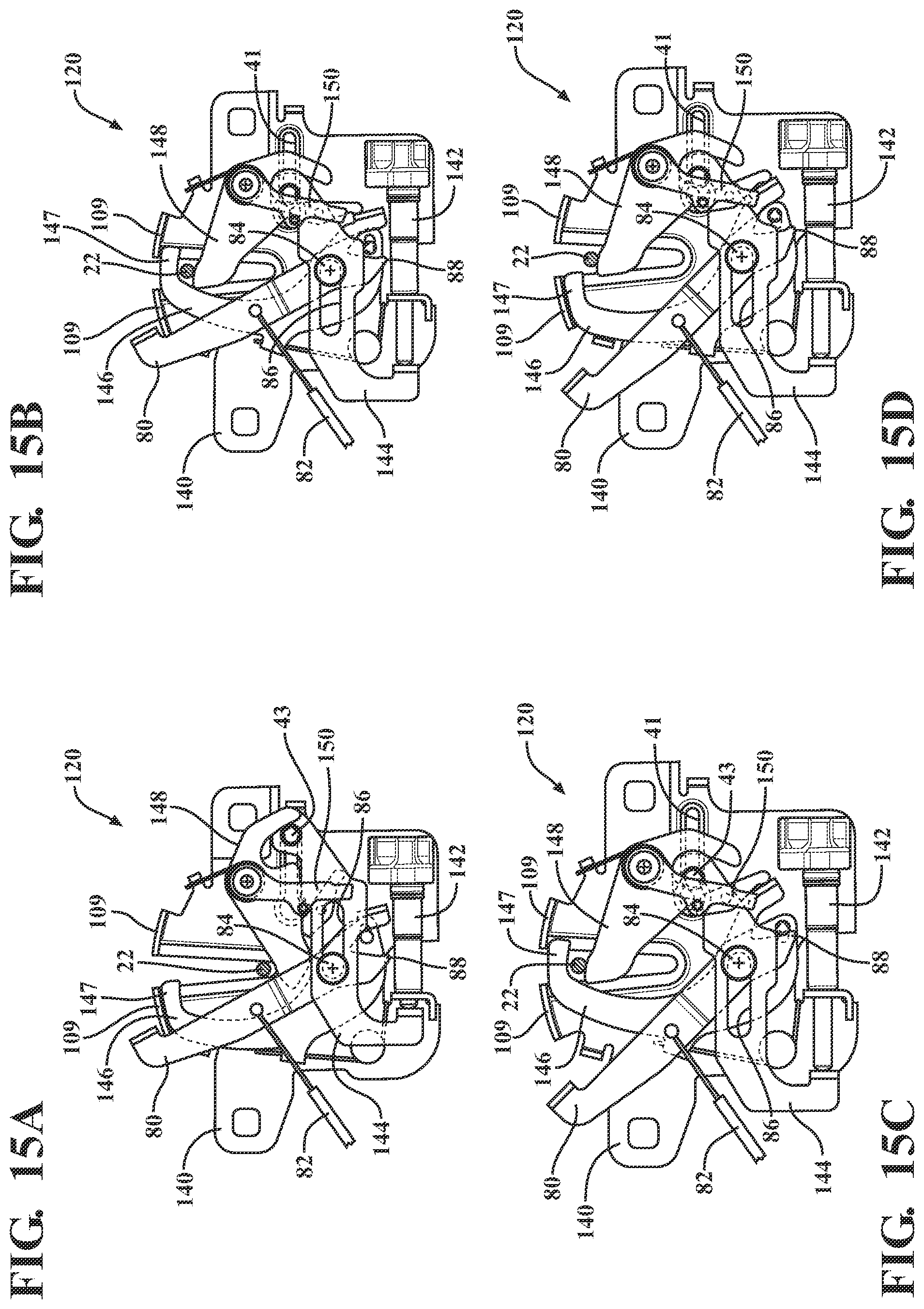 Patent US11781349 Figure 16 – Closure latch assembly for front trunk with pedestrian protection features