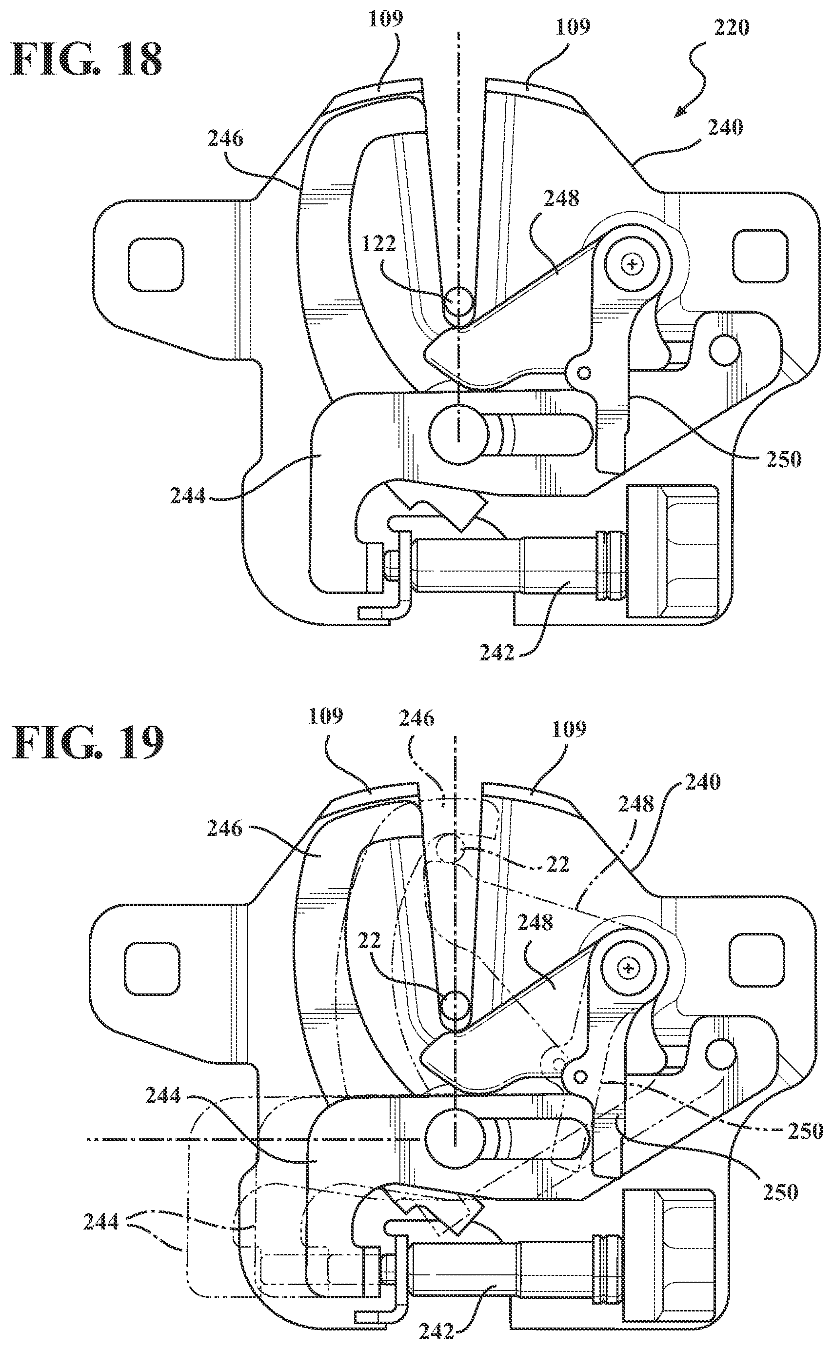 Patent US11781349 Figure 19 – Closure latch assembly for front trunk with pedestrian protection features