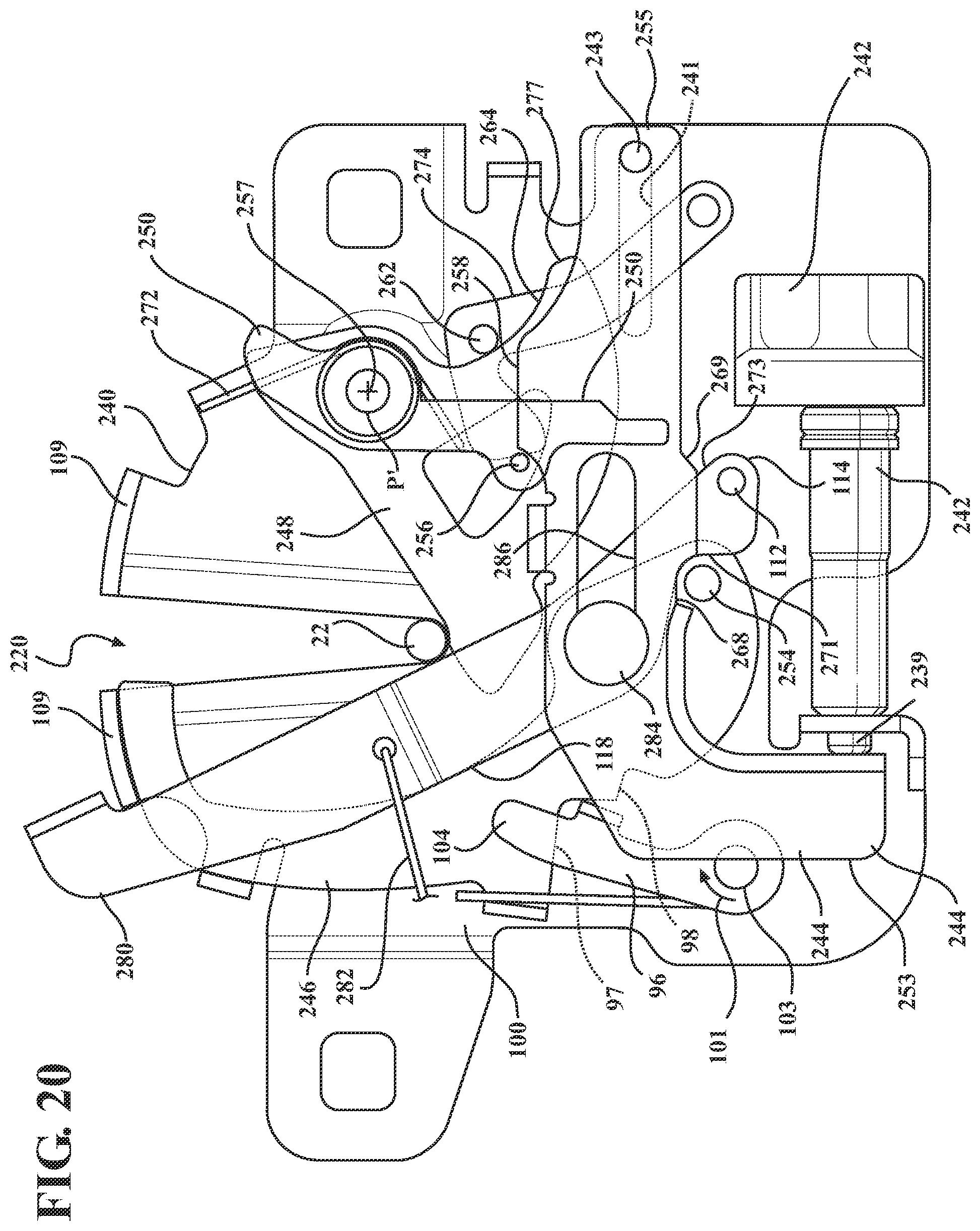 Patent US11781349 Figure 20 – Closure latch assembly for front trunk with pedestrian protection features