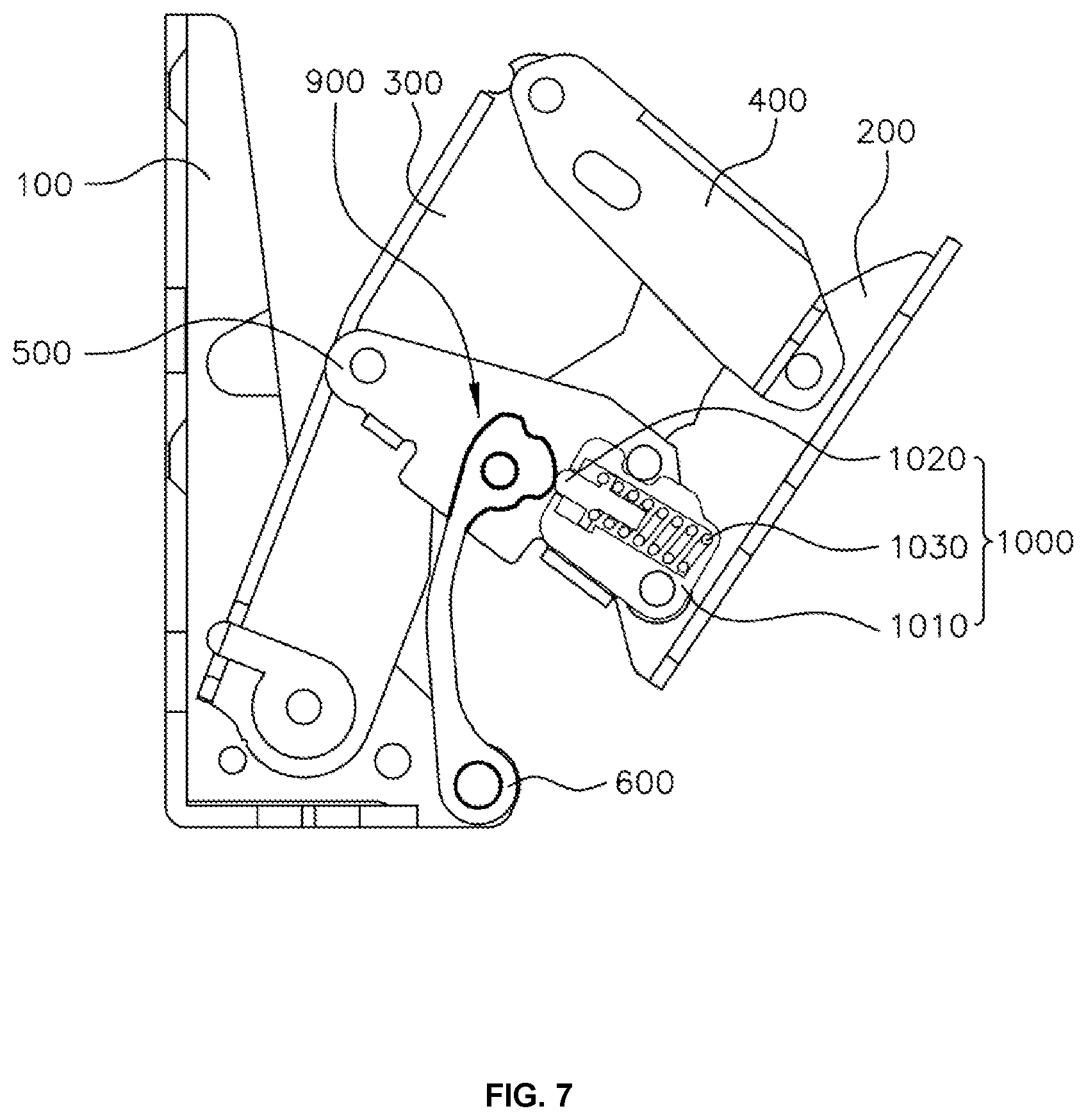 Patent US11781362 Figure 7 – Multi-link door hinge