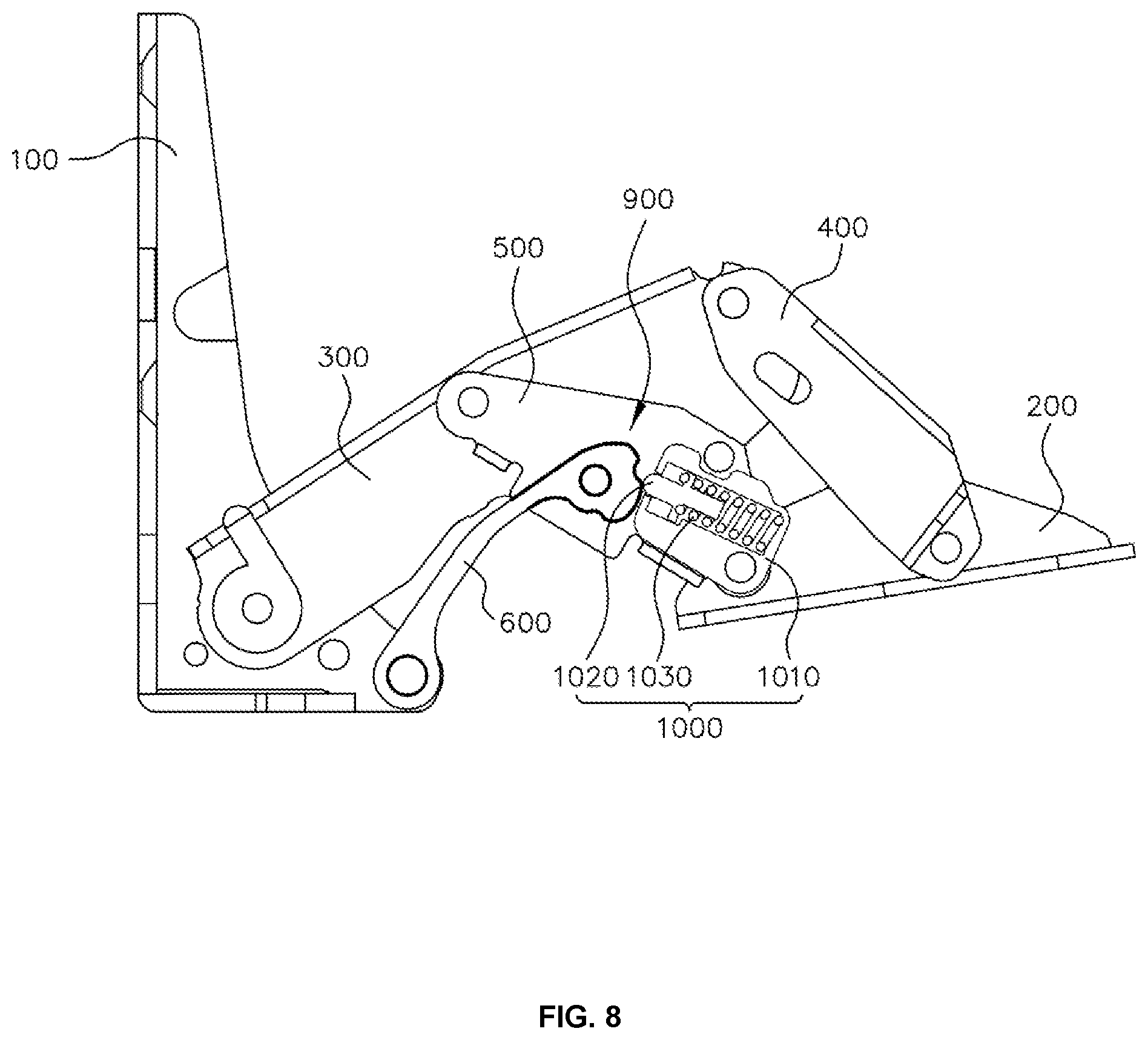 Patent US11781362 Figure 8 – Multi-link door hinge