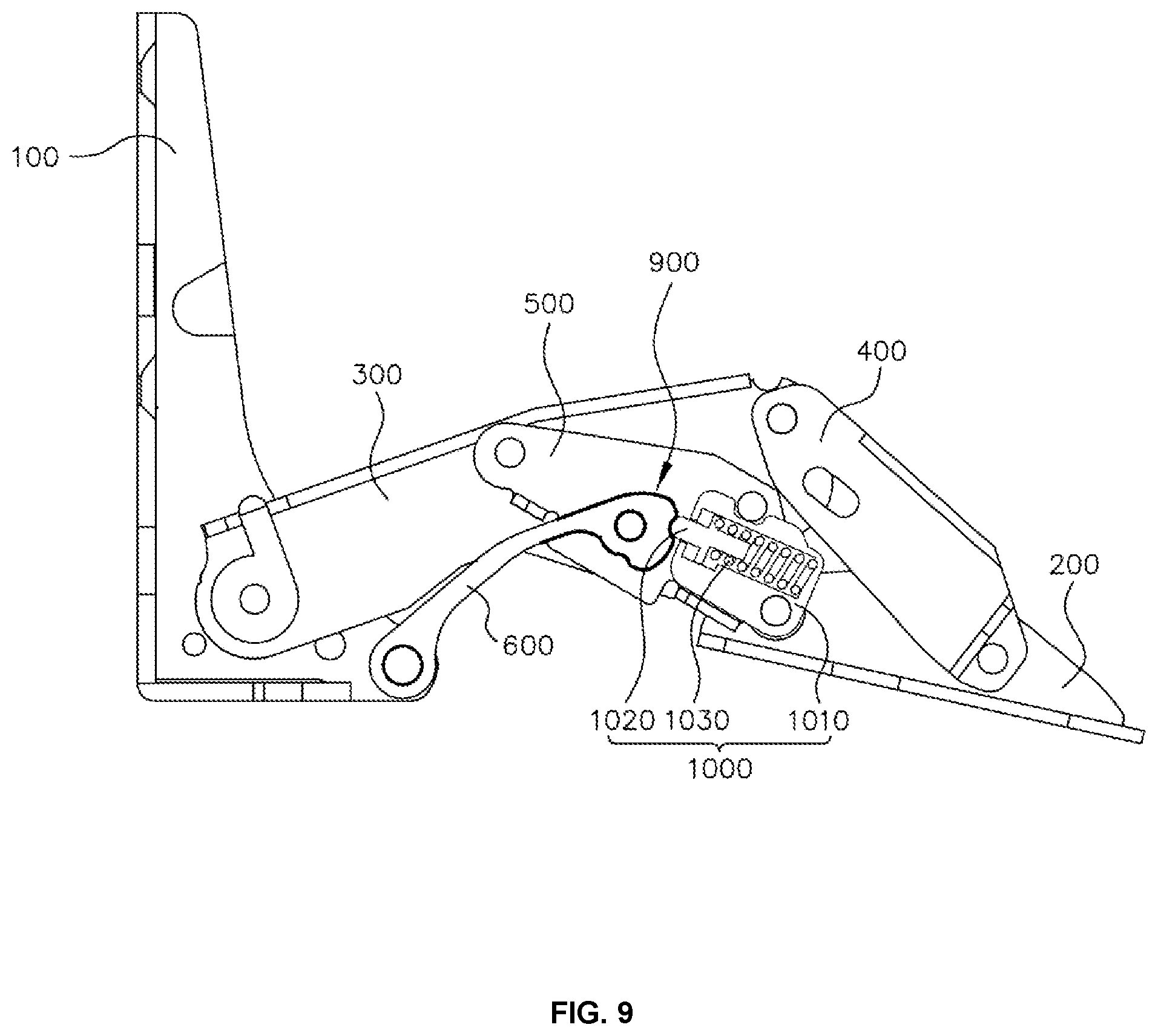 Patent US11781362 Figure 9 – Multi-link door hinge