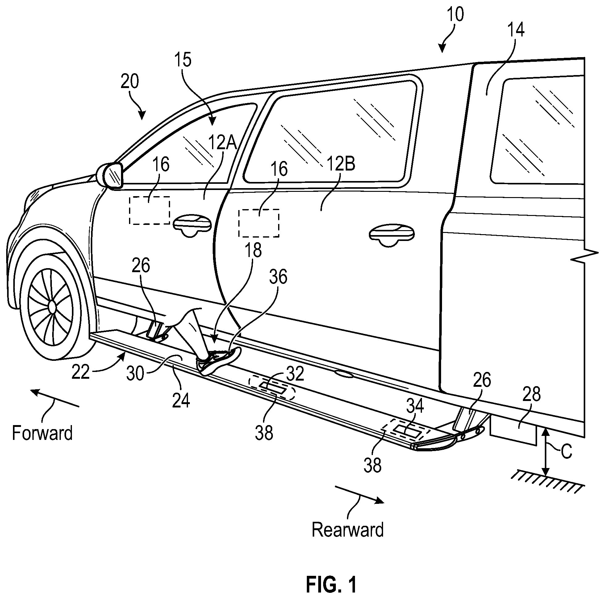 Patent US11781369 Figure 1 – Running board activated vehicle powered closure member systems