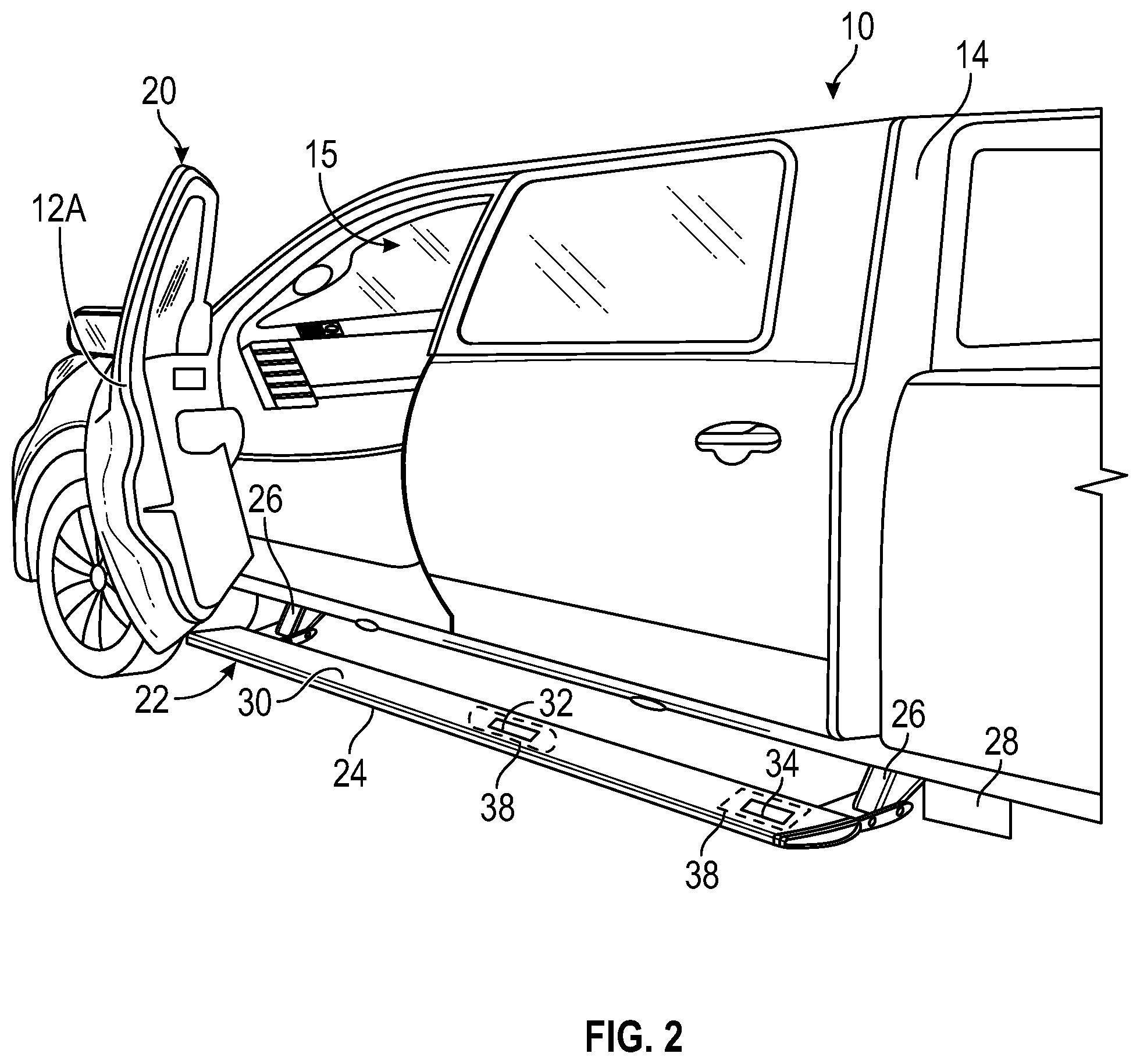 Patent US11781369 Figure 2 – Running board activated vehicle powered closure member systems
