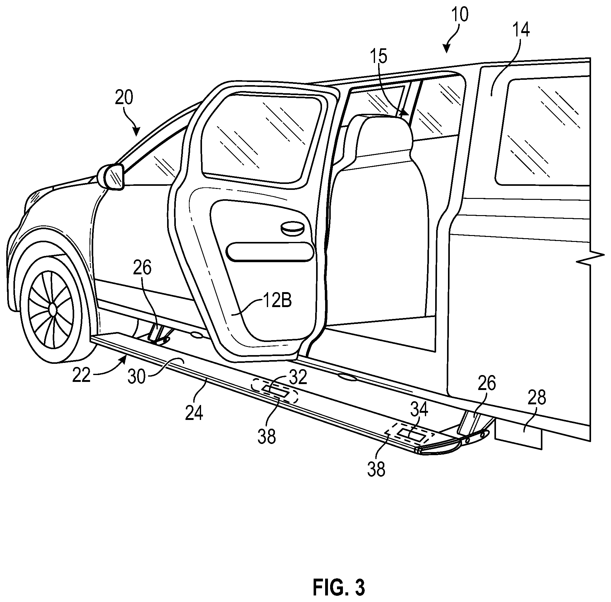 Patent US11781369 Figure 3 – Running board activated vehicle powered closure member systems
