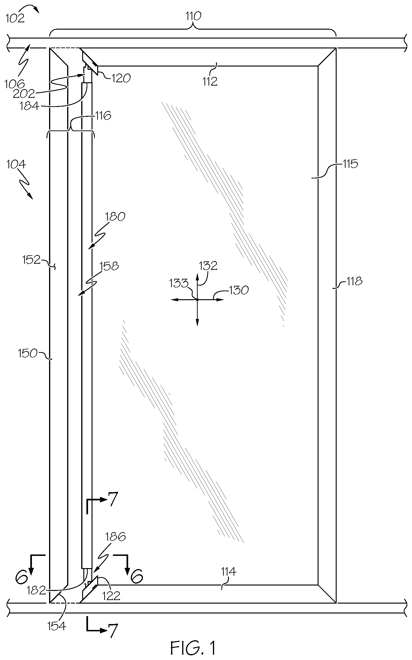 Patent US11781375 Figure 1 – Fenestration unit with panel frame having corner reinforcement plug