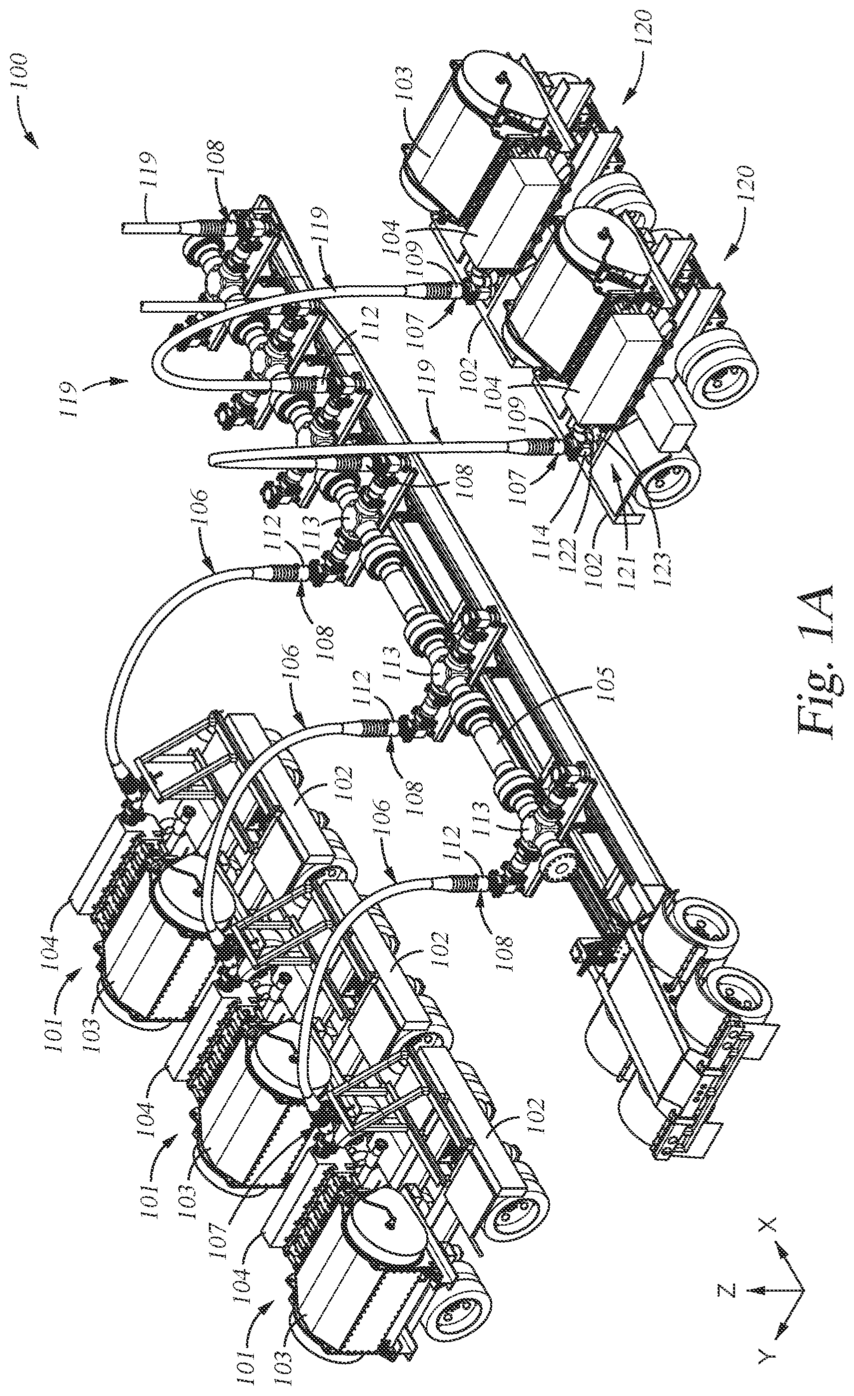 Patent US11781410 Figure 1 – Fluid injection systems, apparatus, and methods including flexible hoses for wellhead sites