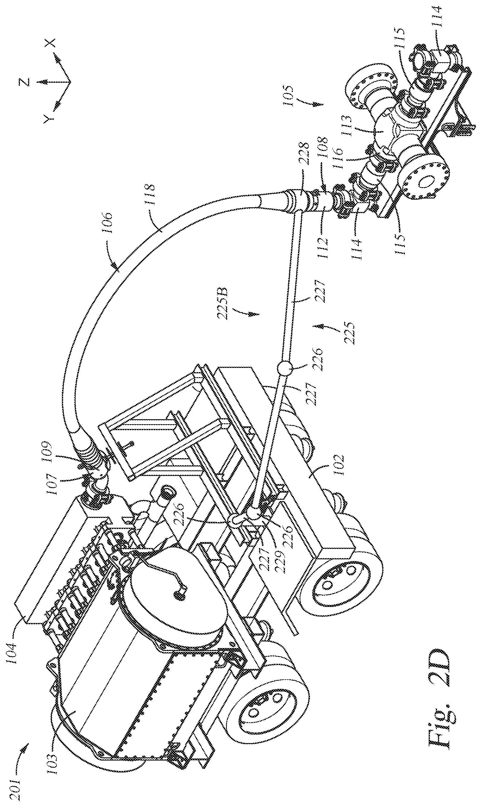 Patent US11781410 Figure 7 – Fluid injection systems, apparatus, and methods including flexible hoses for wellhead sites