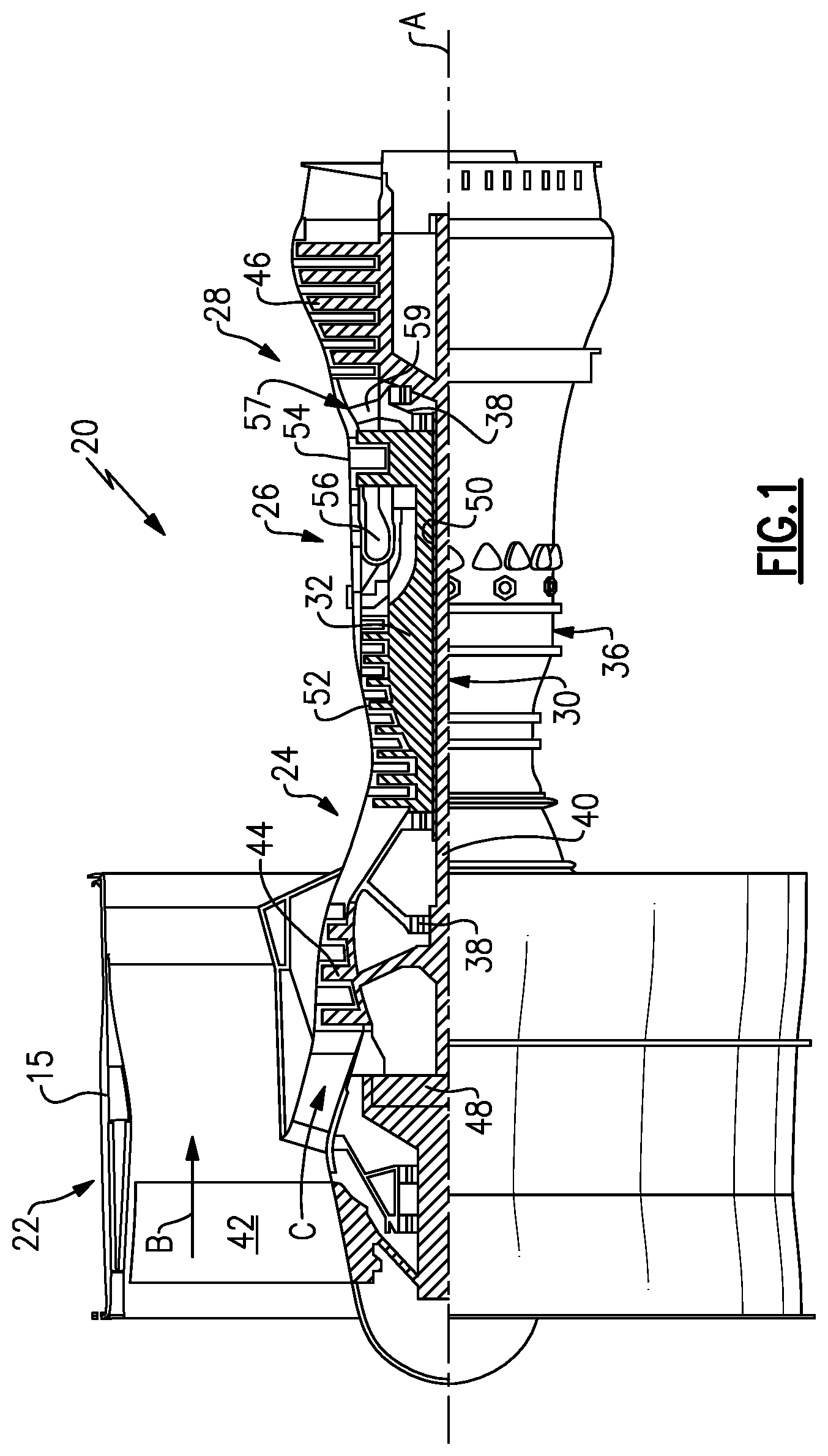 Patent US11781432 Figure 1 – Nested vane arrangement for gas turbine engine