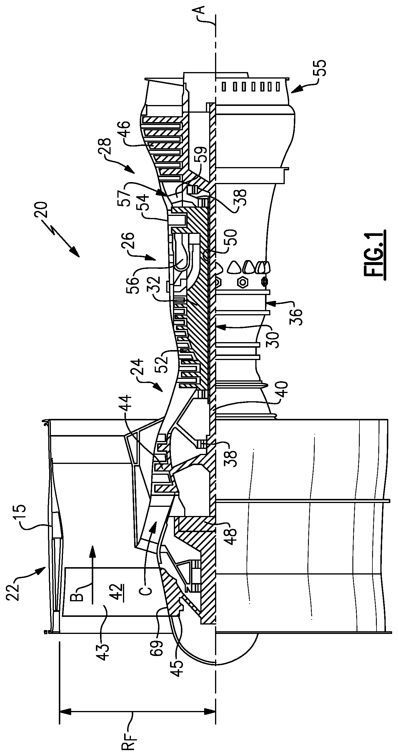 Patent US11781436 Figure 1 – Hybridized airfoil for a gas turbine engine