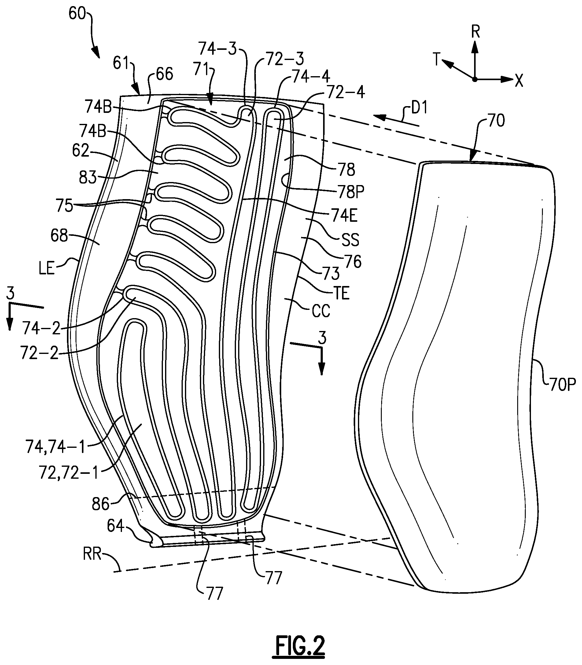 Patent US11781436 Figure 2 – Hybridized airfoil for a gas turbine engine