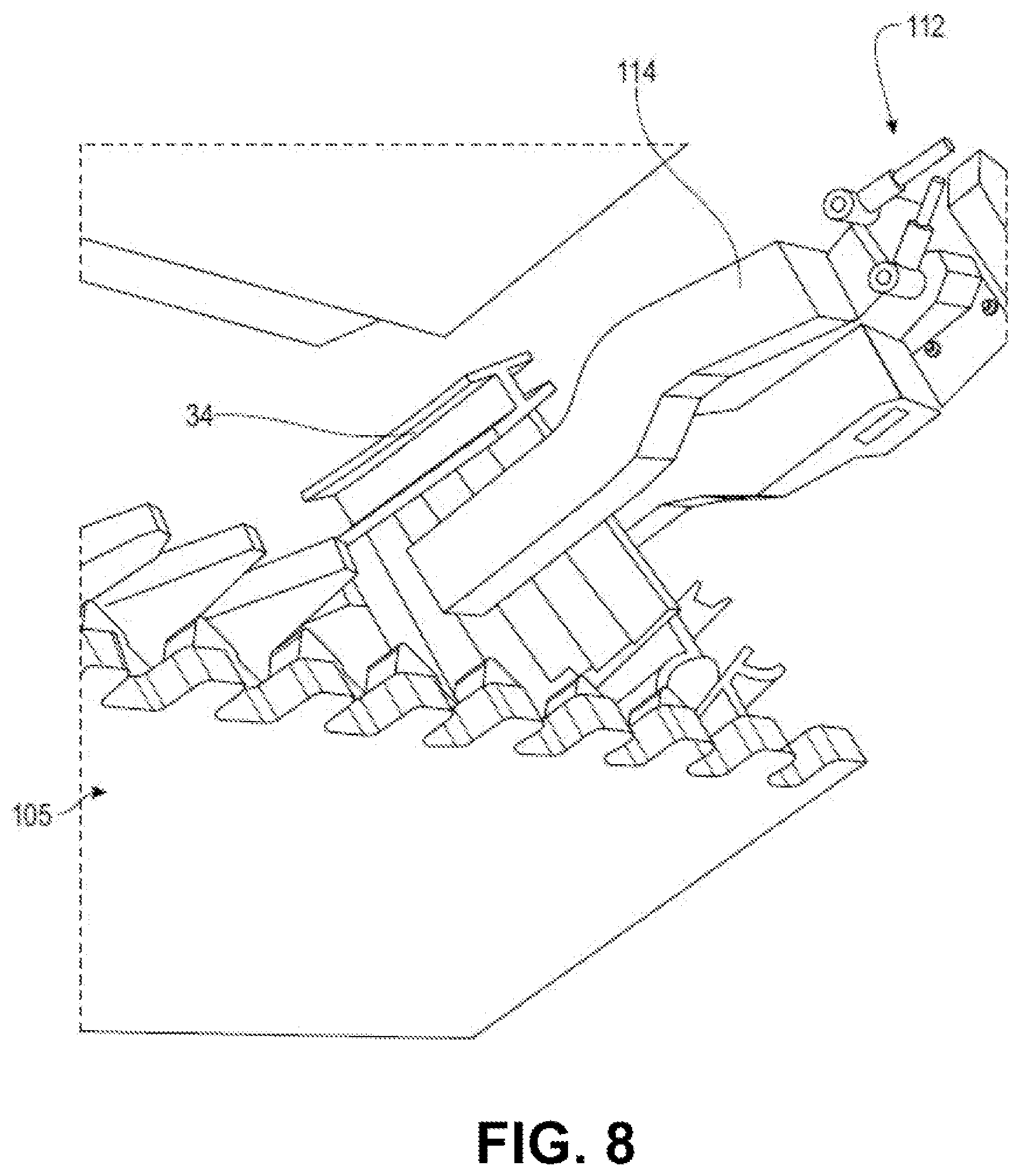 Patent US11781438 Figure 5 – Automated device for inserting sealing pads into one of the sectors of a turbine stator of a turbine