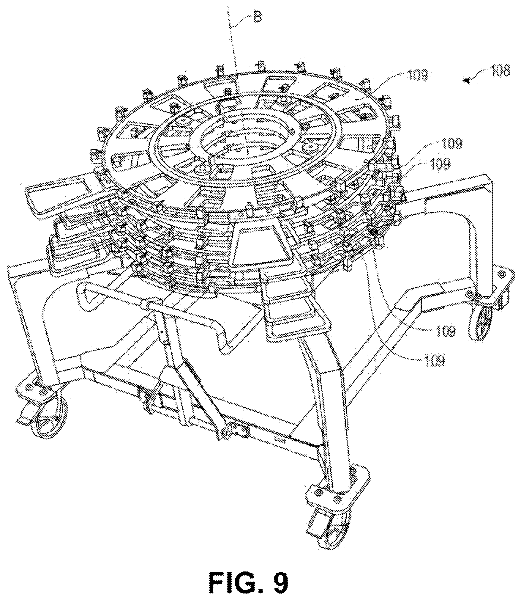 Patent US11781438 Figure 6 – Automated device for inserting sealing pads into one of the sectors of a turbine stator of a turbine