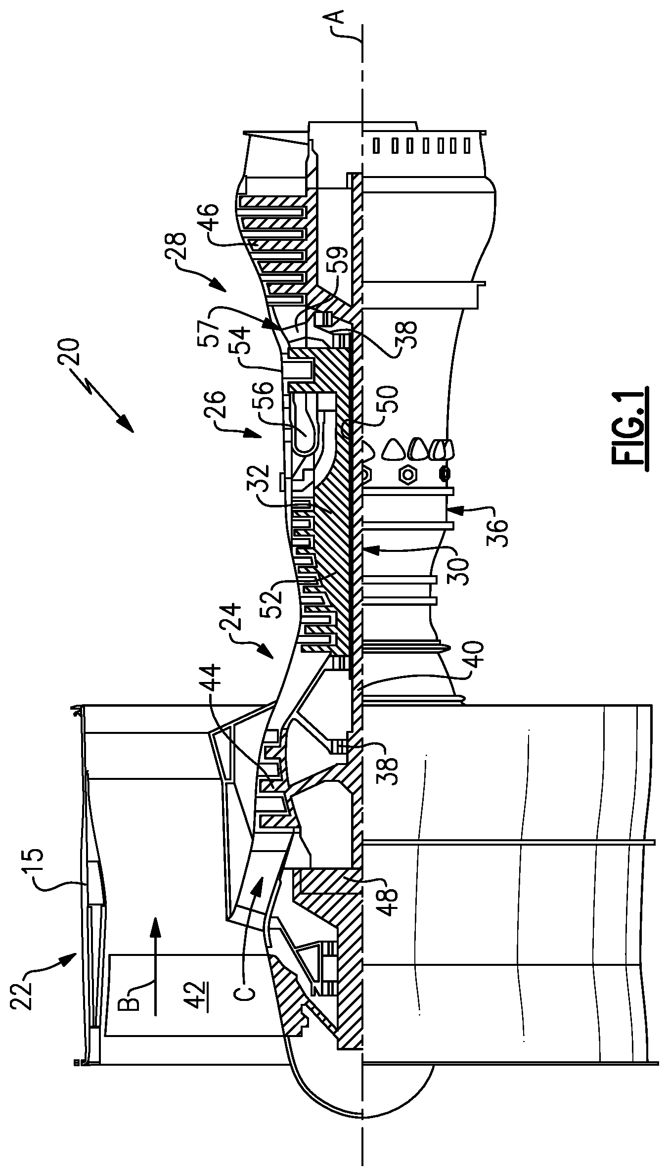Patent US11781439 — Seal arrangement for turbine engine component — Figure 1