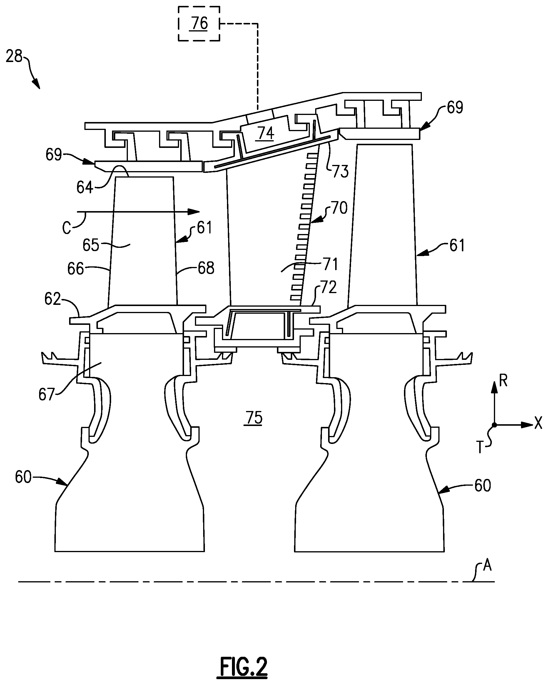 Patent US11781439 Figure 2 – Seal arrangement for turbine engine component