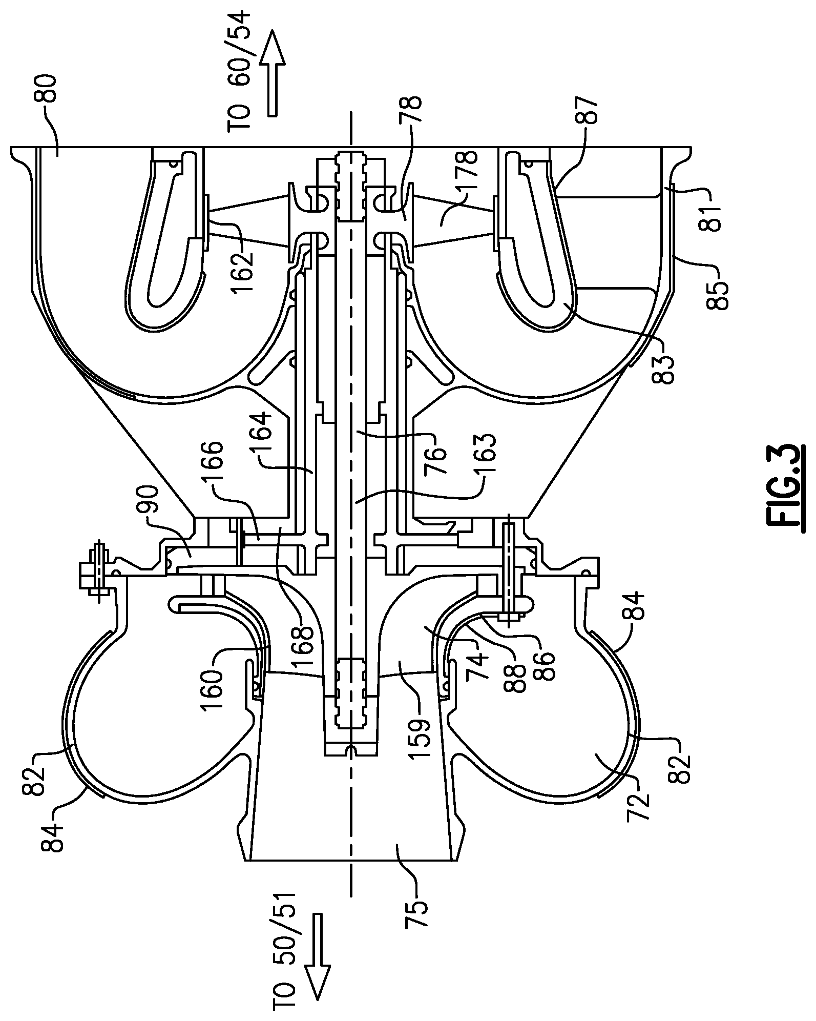 Patent US11781441 Figure 3 – Air cycle machine with separate compressor and turbine and fan and turbine