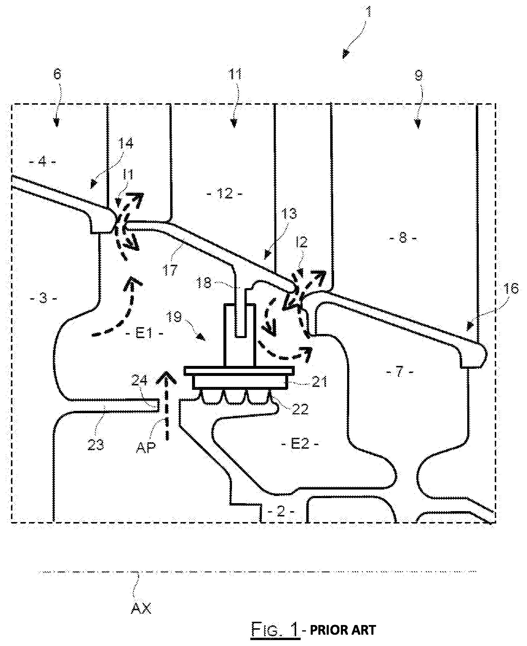 Patent US11781442 Figure 1 – Turbine having an internal secondary space equipped with fins for correcting gyration of an airflow