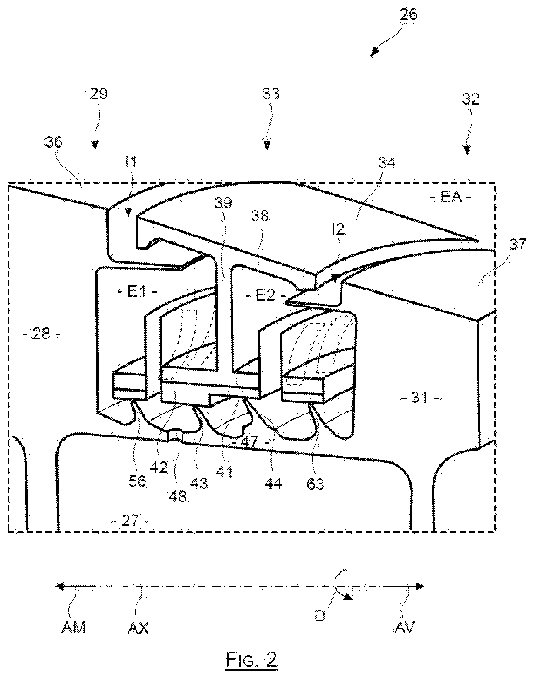 Patent US11781442 Figure 2 – Turbine having an internal secondary space equipped with fins for correcting gyration of an airflow