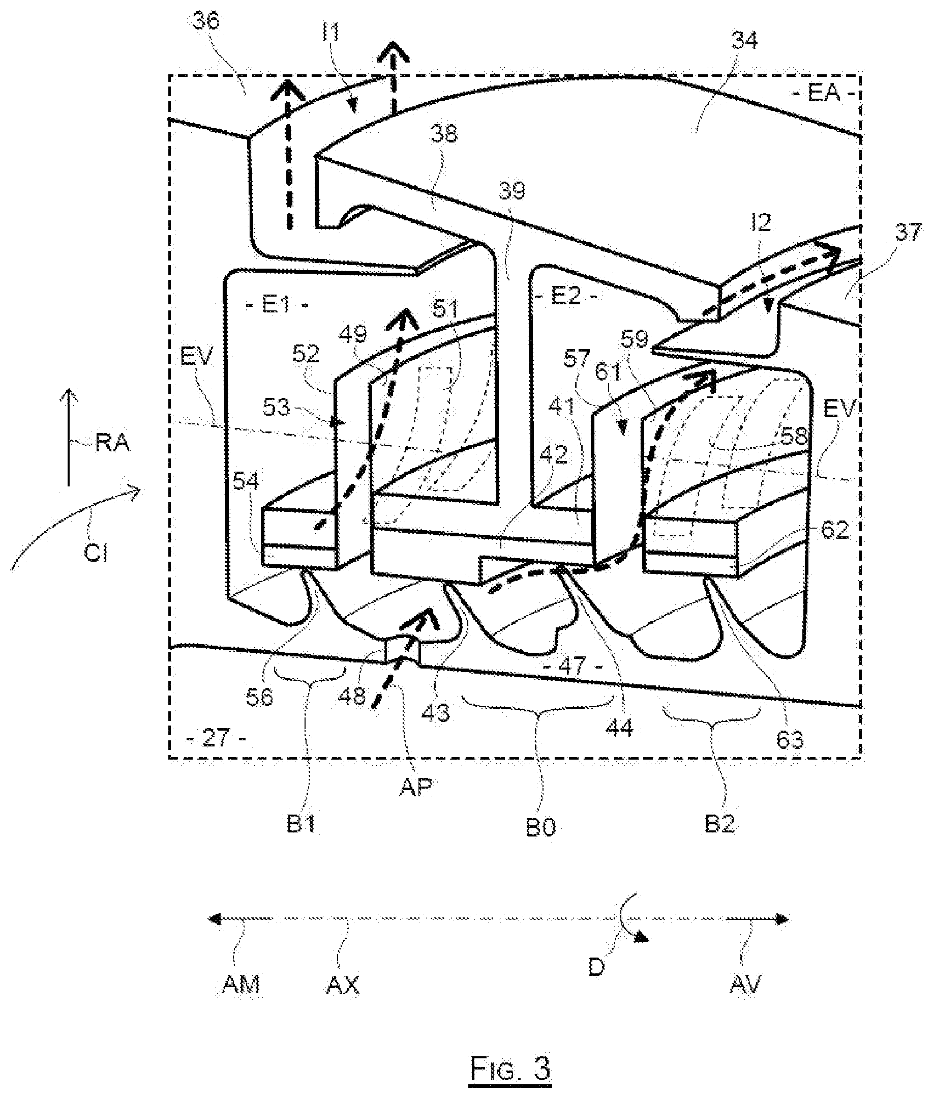 Patent US11781442 Figure 3 – Turbine having an internal secondary space equipped with fins for correcting gyration of an airflow