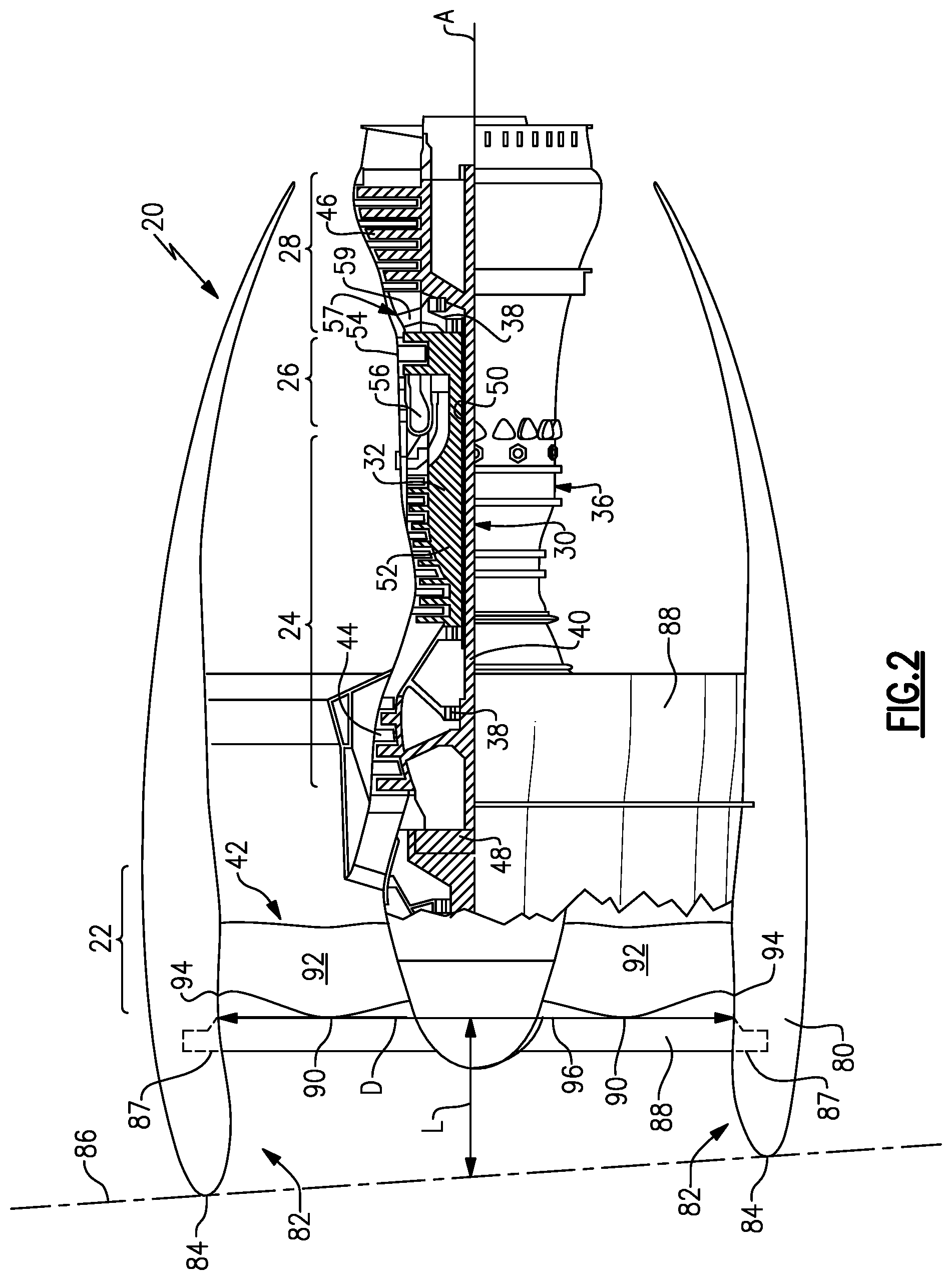 Patent US11781447 Figure 2 – Low pressure ratio fan engine having a dimensional relationship between inlet and fan size