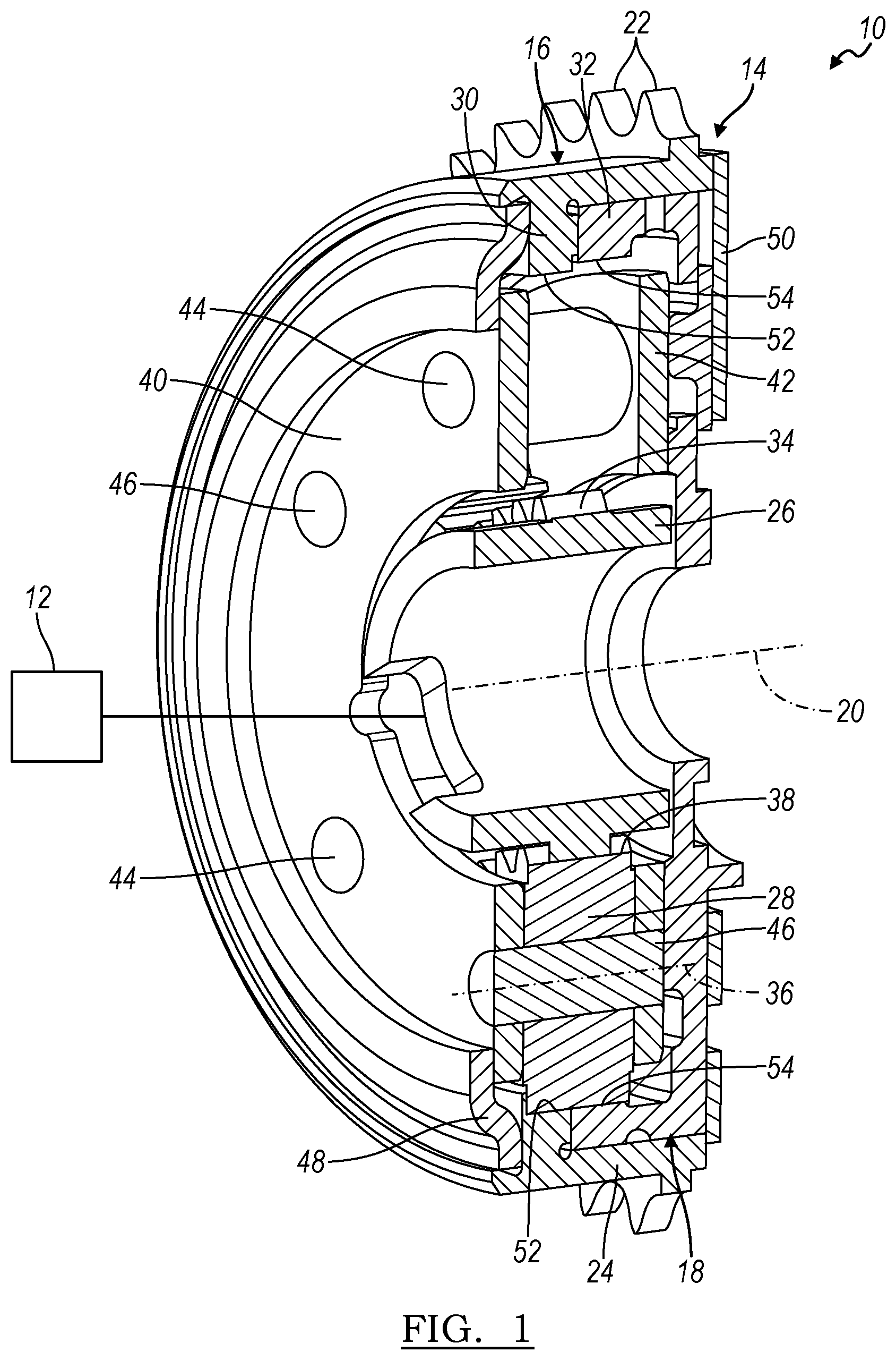Patent US11781451 Figure 1 – Engine variable camshaft timing phaser with planetary gear set