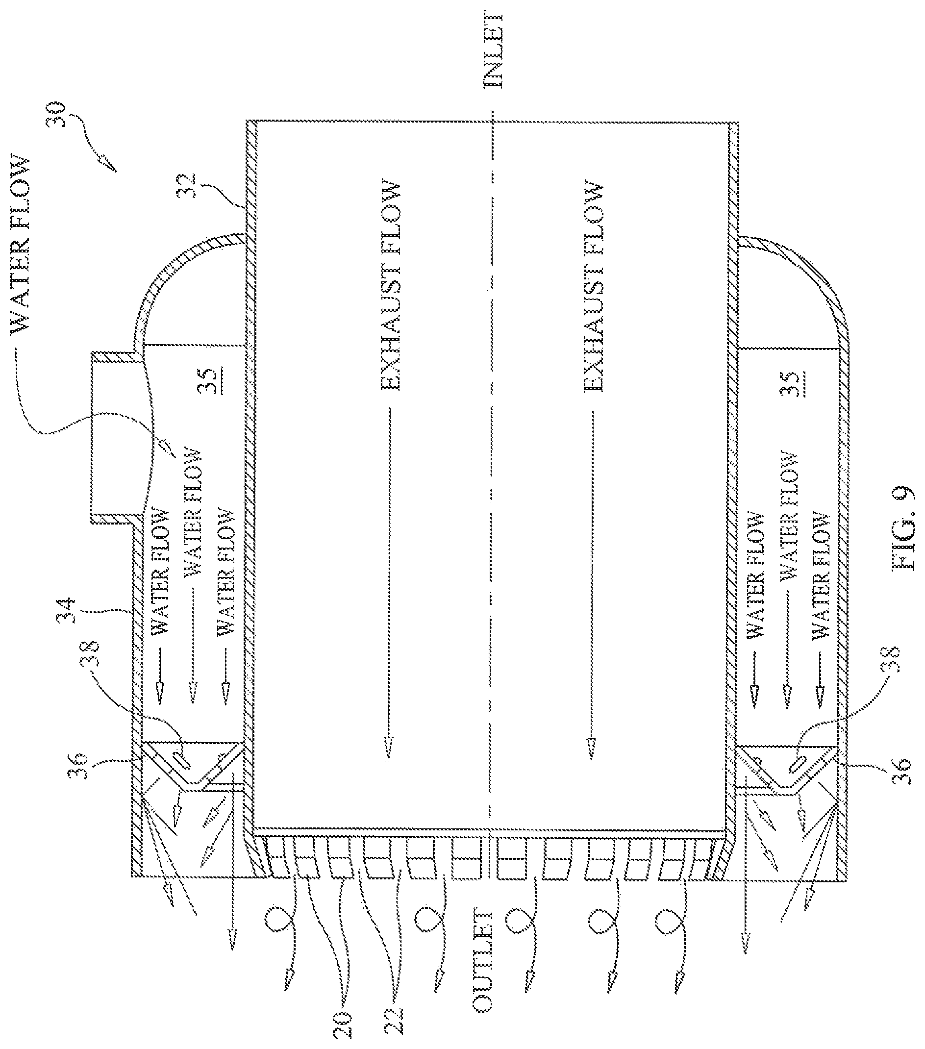 Patent US11781465 Figure 8 – Vortex generating apparatus for use with marine exhaust systems for improved exhaust cooling