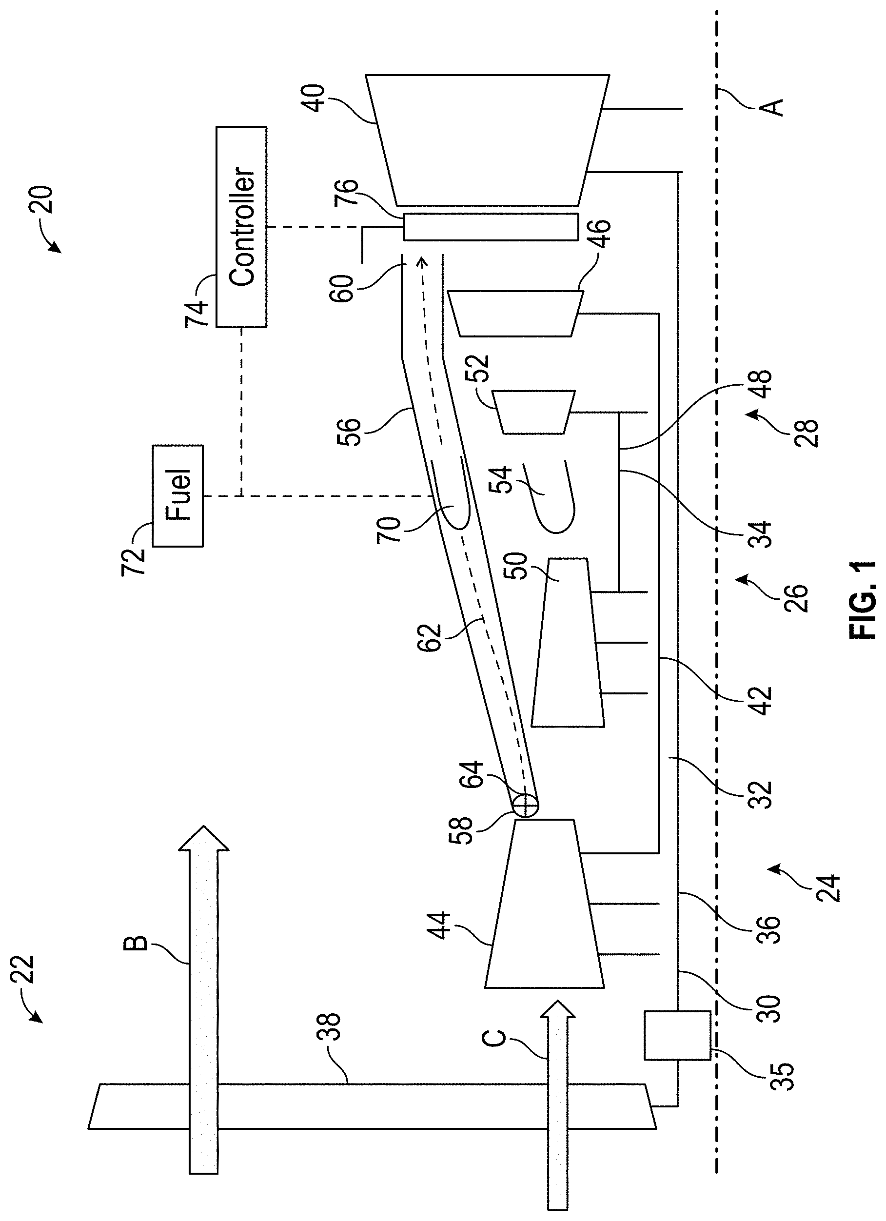 Patent US11781479 Figure 1 – Turbofan gas turbine engine with combusted compressor bleed flow