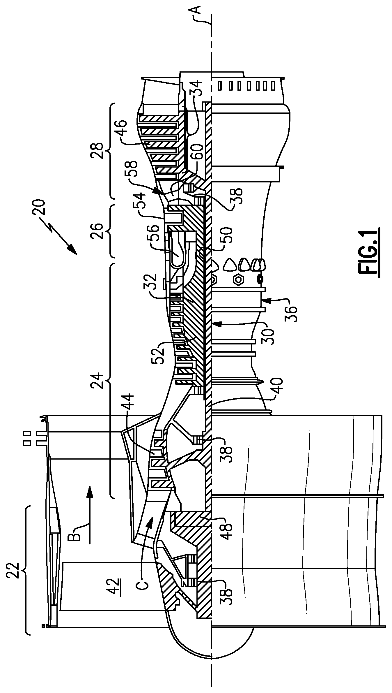 Patent US11781490 Figure 1 – Operability geared turbofan engine including compressor section variable guide vanes