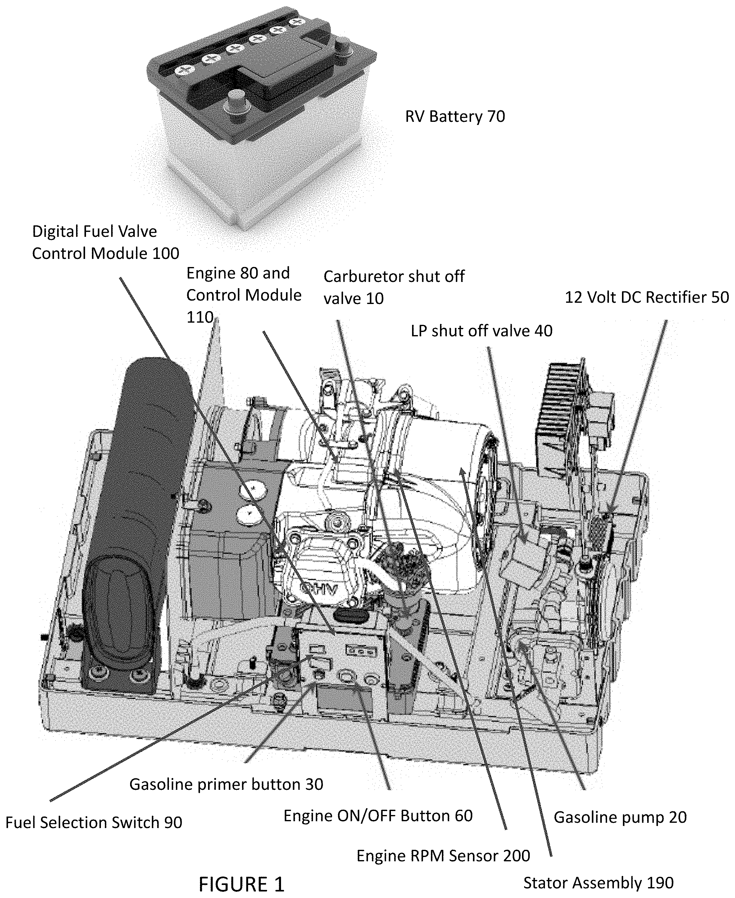 Patent US11781495 — Dual fuel system with electric battery for power generation — Figure 1