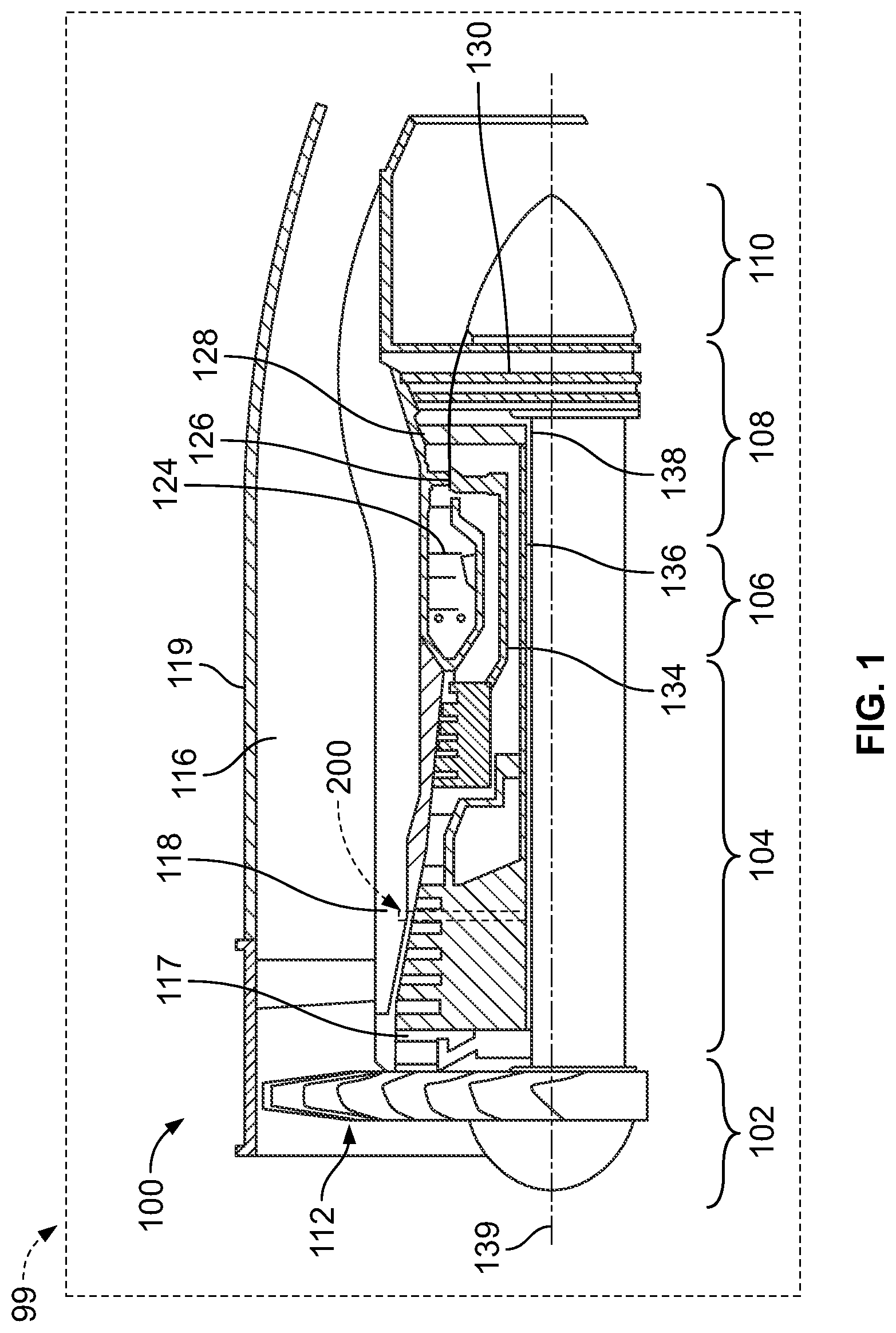 Patent US11781504 Figure 1 – Bleed plenum for compressor section