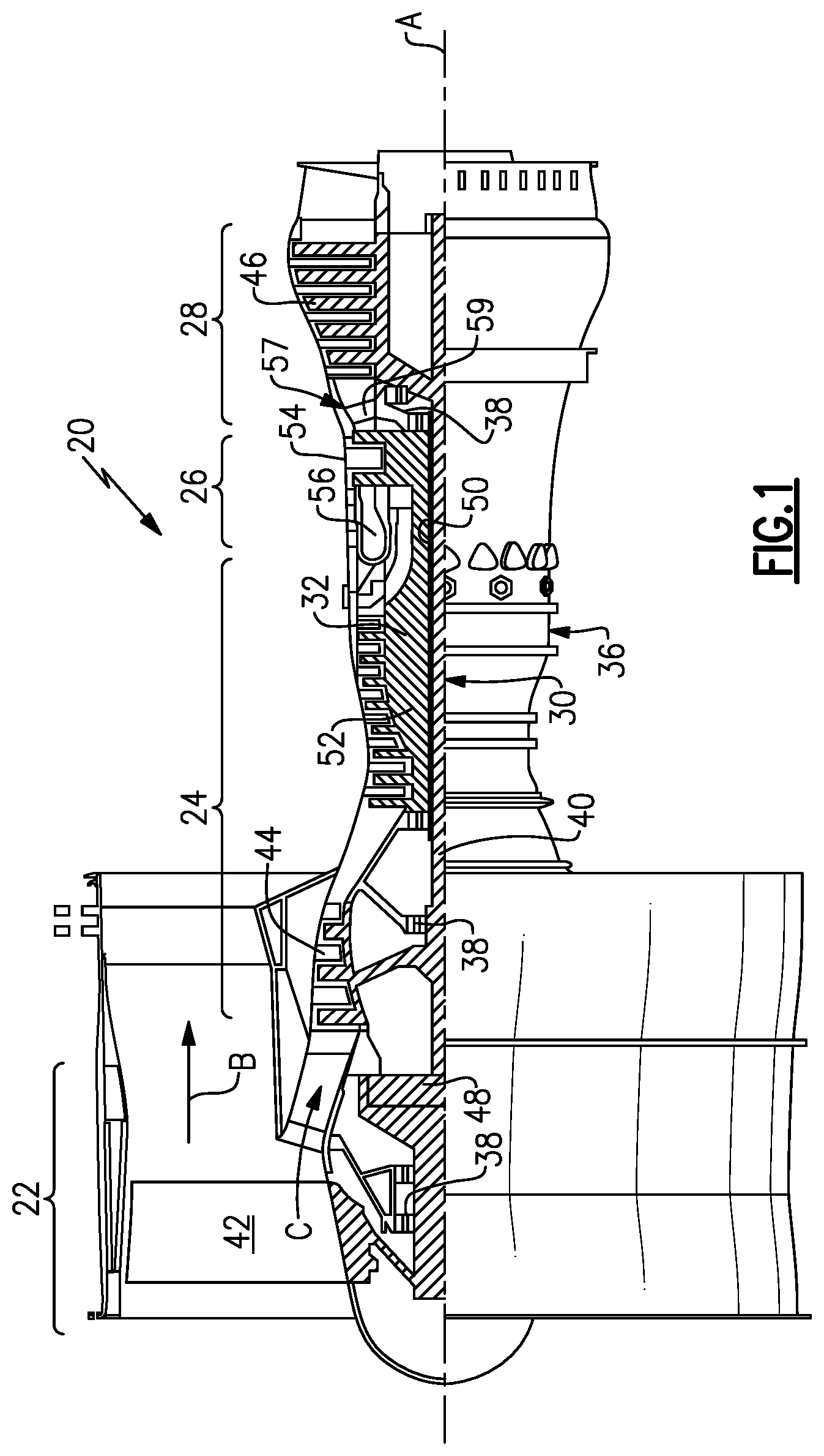 Patent US11781505 Figure 1 – Low pressure ratio fan engine having a dimensional relationship between inlet and fan size