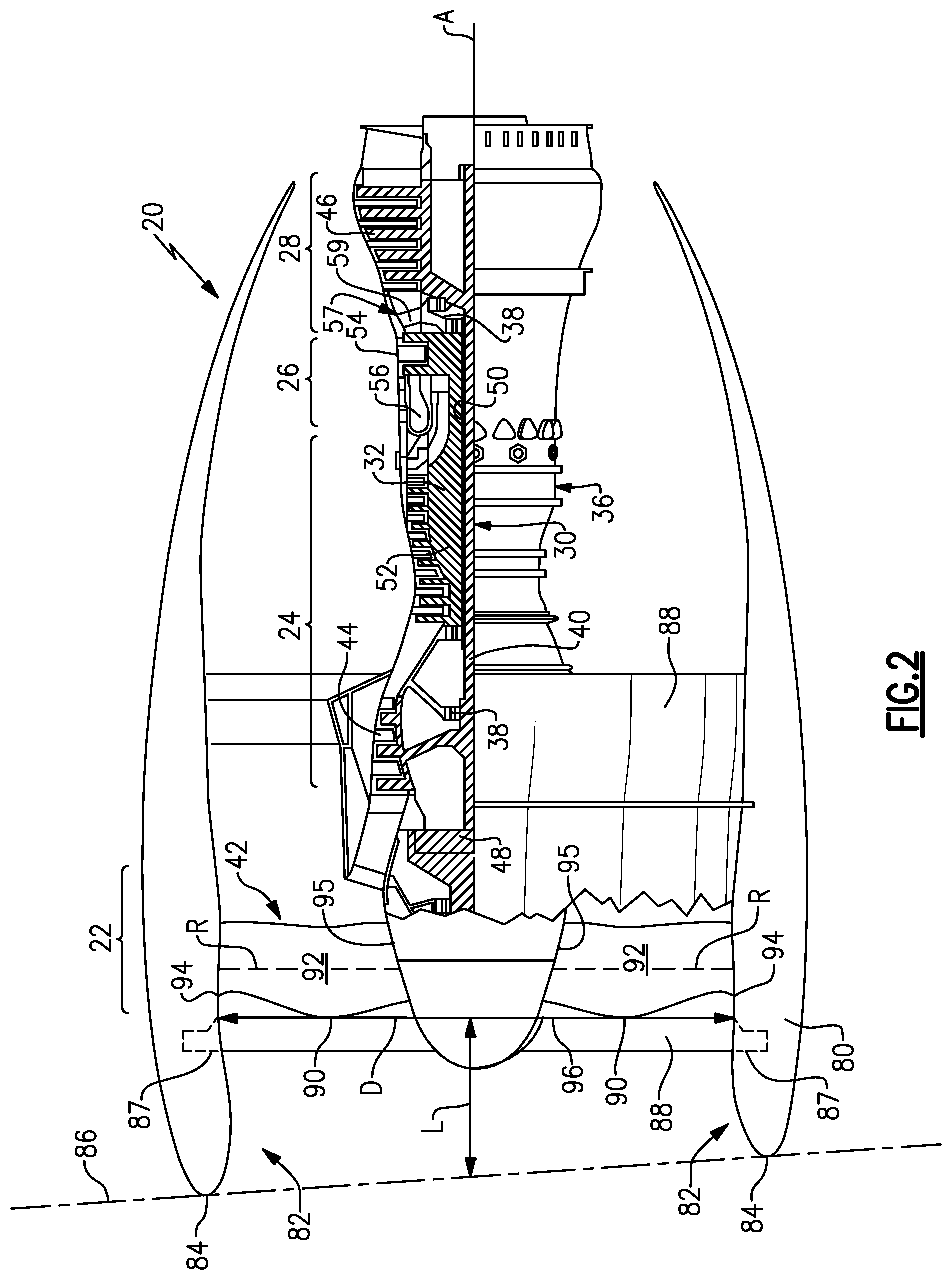 Patent US11781505 Figure 2 – Low pressure ratio fan engine having a dimensional relationship between inlet and fan size