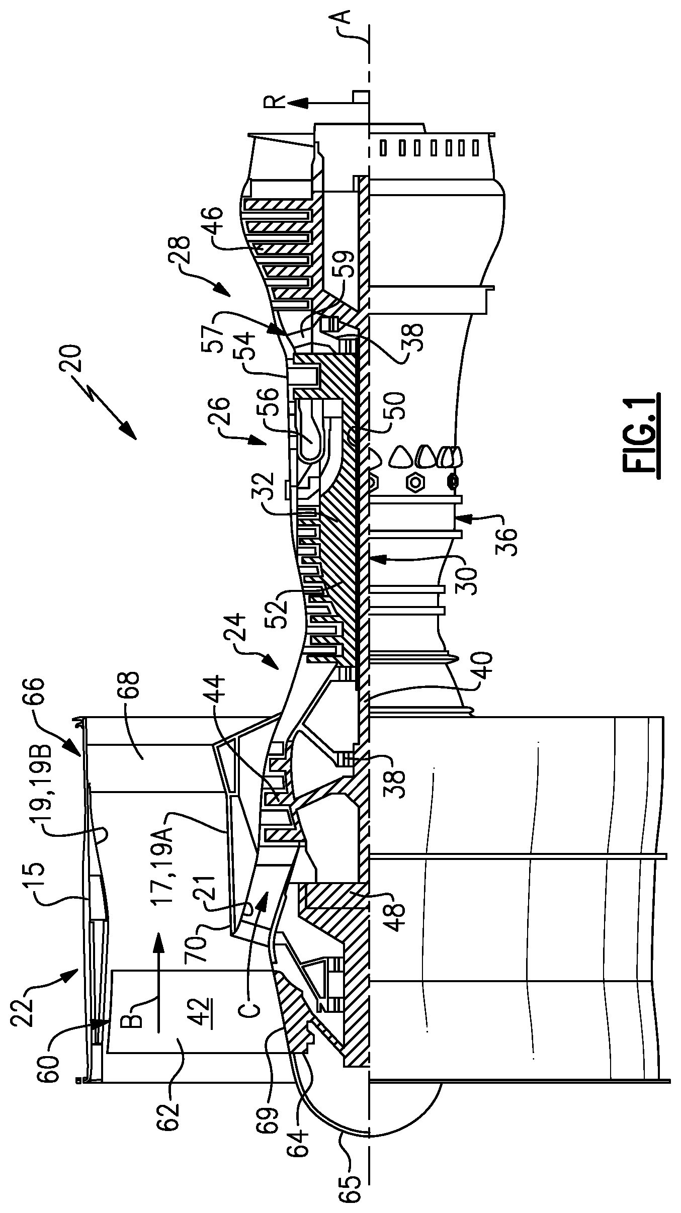 Patent US11781506 Figure 1 – Splitter and guide vane arrangement for gas turbine engines