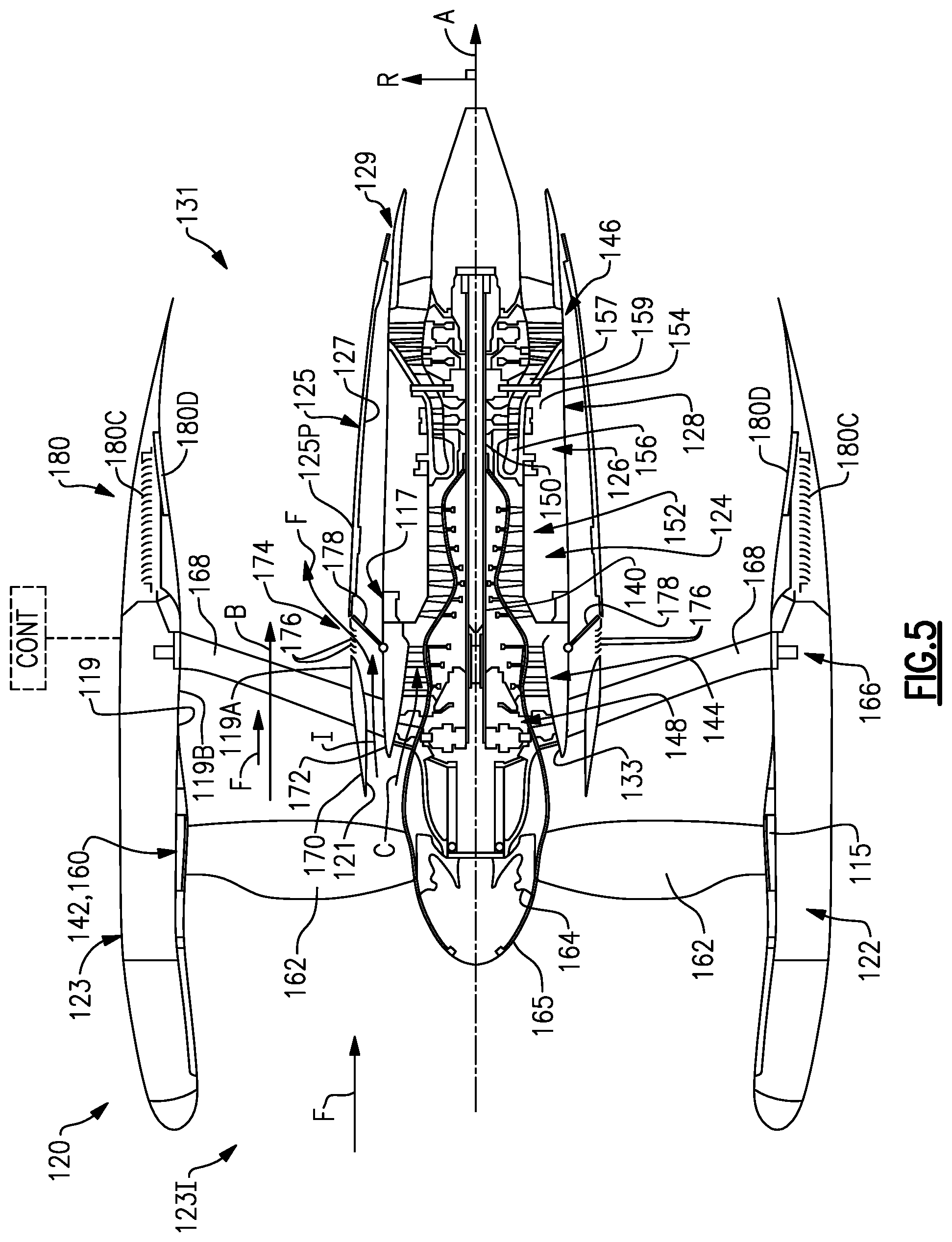 Patent US11781506 Figure 5 – Splitter and guide vane arrangement for gas turbine engines