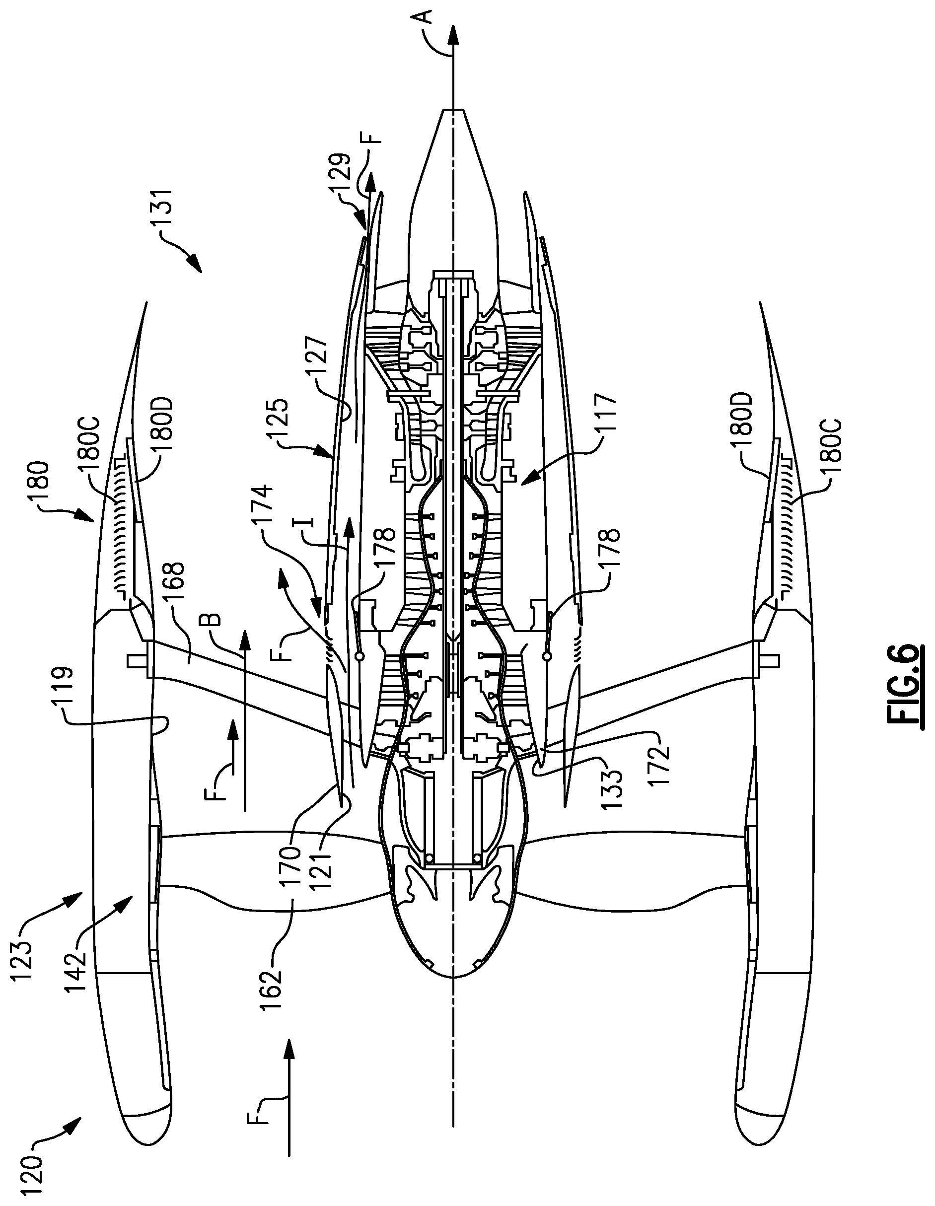 Patent US11781506 Figure 6 – Splitter and guide vane arrangement for gas turbine engines