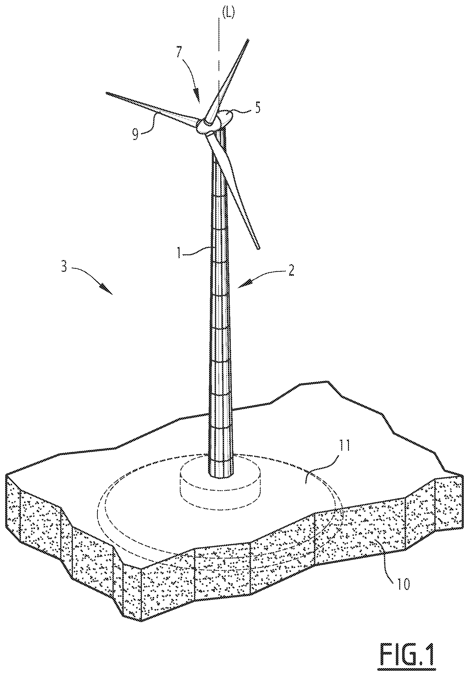 Patent US11781526 Figure 1 – Wind turbine mast section, wind turbine mast and assembly method