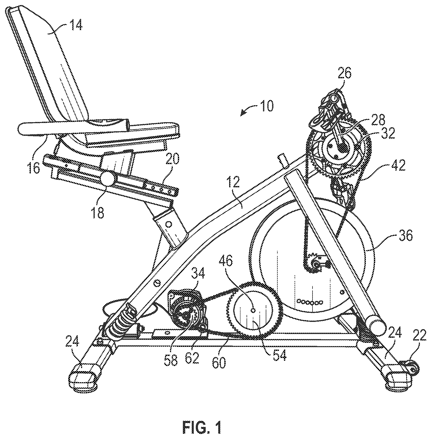 Patent US11781531 — Recumbent bicycle-powered generator using an alternator, flywheel and sprocket and chain system — Figure 1