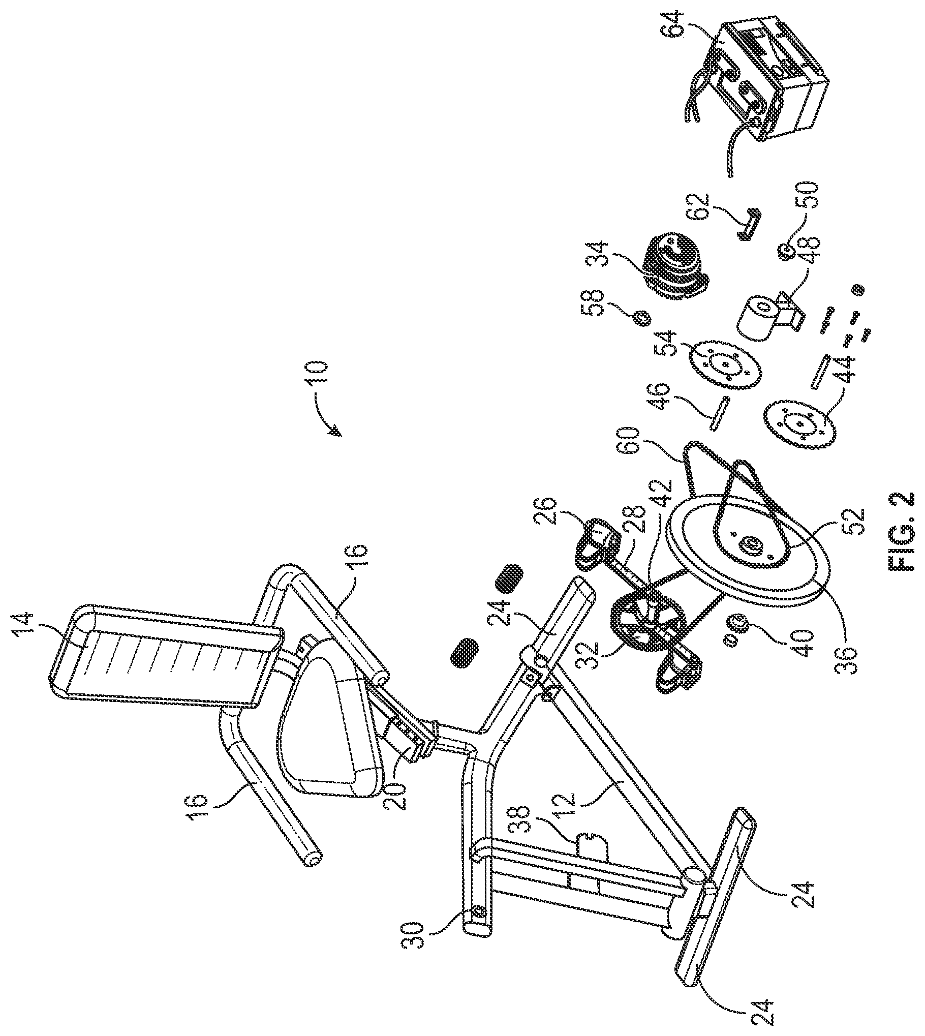 Patent US11781531 Figure 2 – Recumbent bicycle-powered generator using an alternator, flywheel and sprocket and chain system