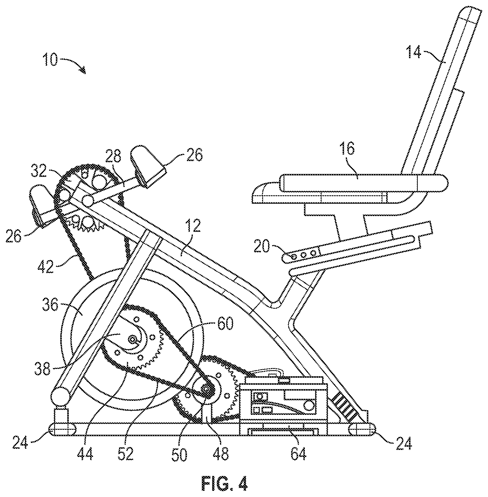 Patent US11781531 Figure 4 – Recumbent bicycle-powered generator using an alternator, flywheel and sprocket and chain system