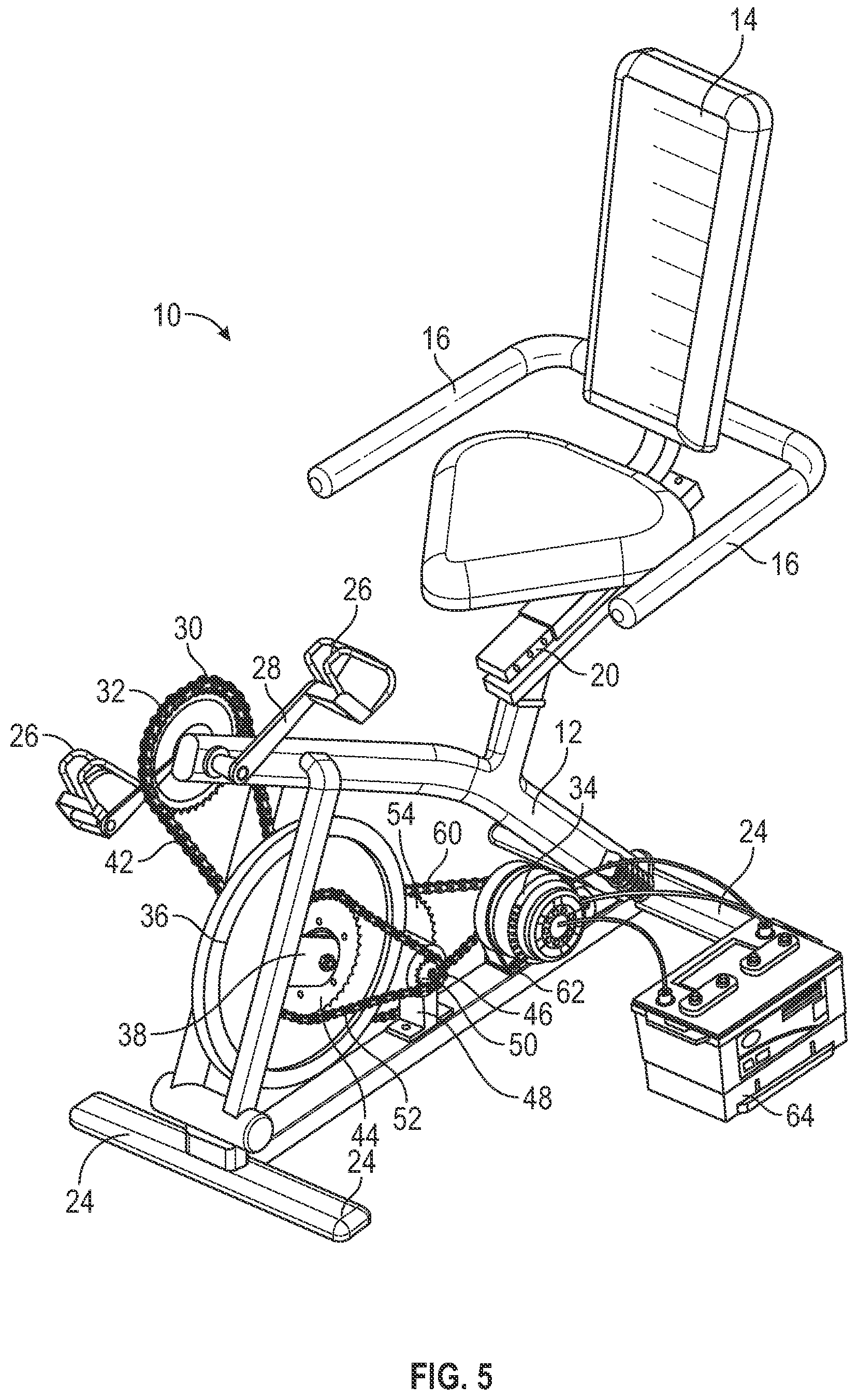 Patent US11781531 Figure 5 – Recumbent bicycle-powered generator using an alternator, flywheel and sprocket and chain system