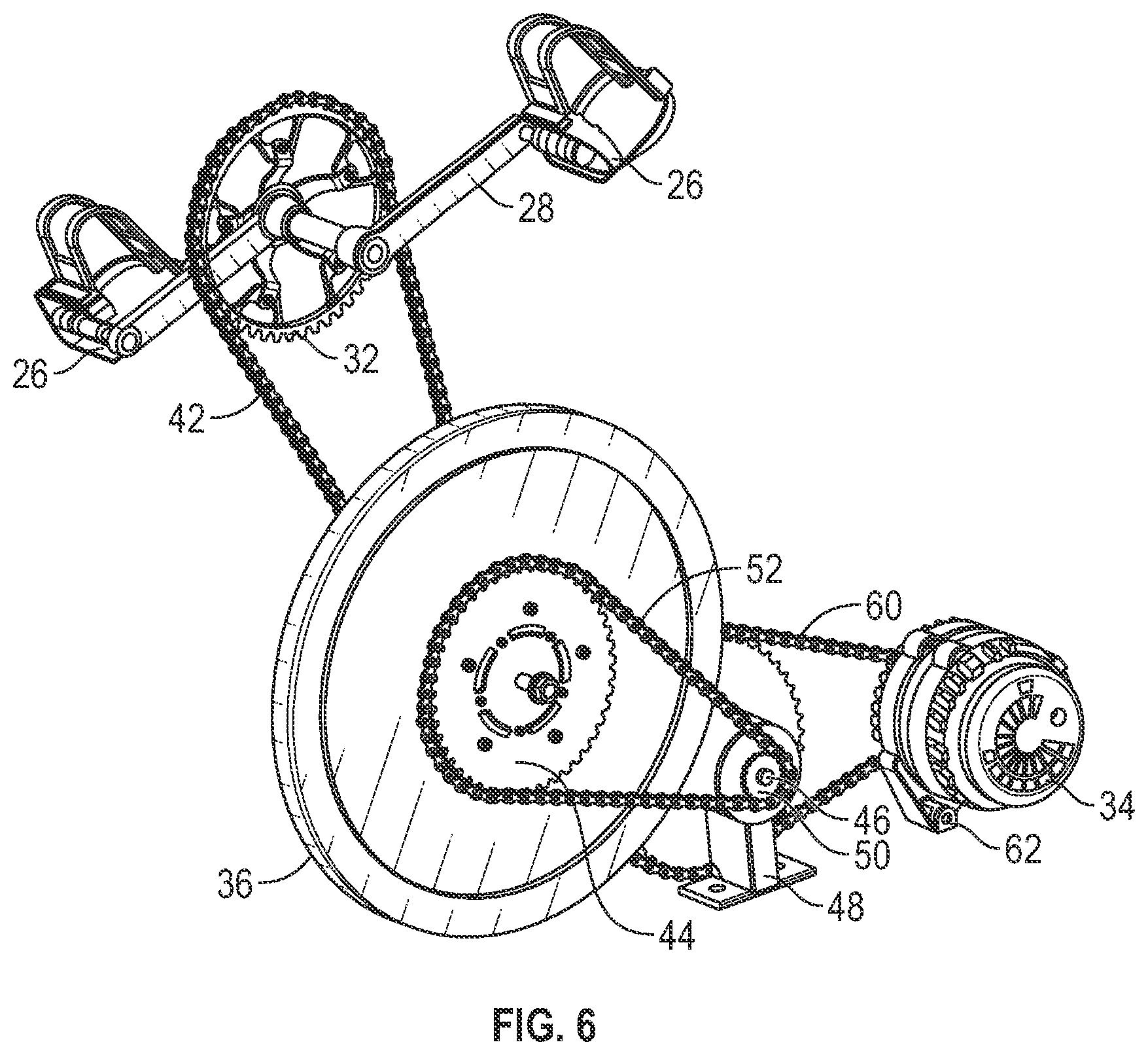 Patent US11781531 Figure 6 – Recumbent bicycle-powered generator using an alternator, flywheel and sprocket and chain system