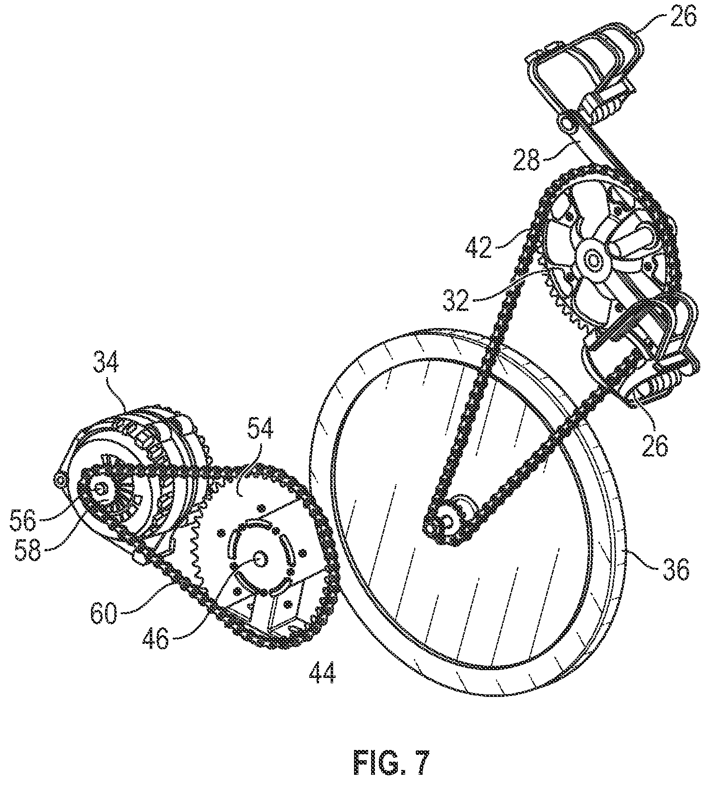 Patent US11781531 Figure 7 – Recumbent bicycle-powered generator using an alternator, flywheel and sprocket and chain system