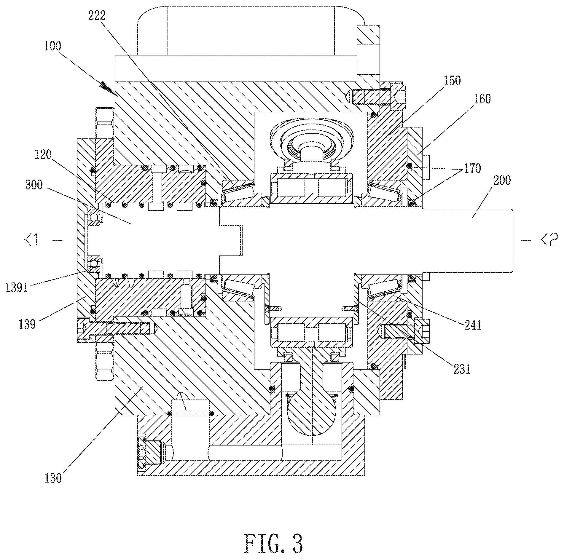Patent US11781537 Figure 3 – Radial piston hydraulic device distributed by pilot operated check valves