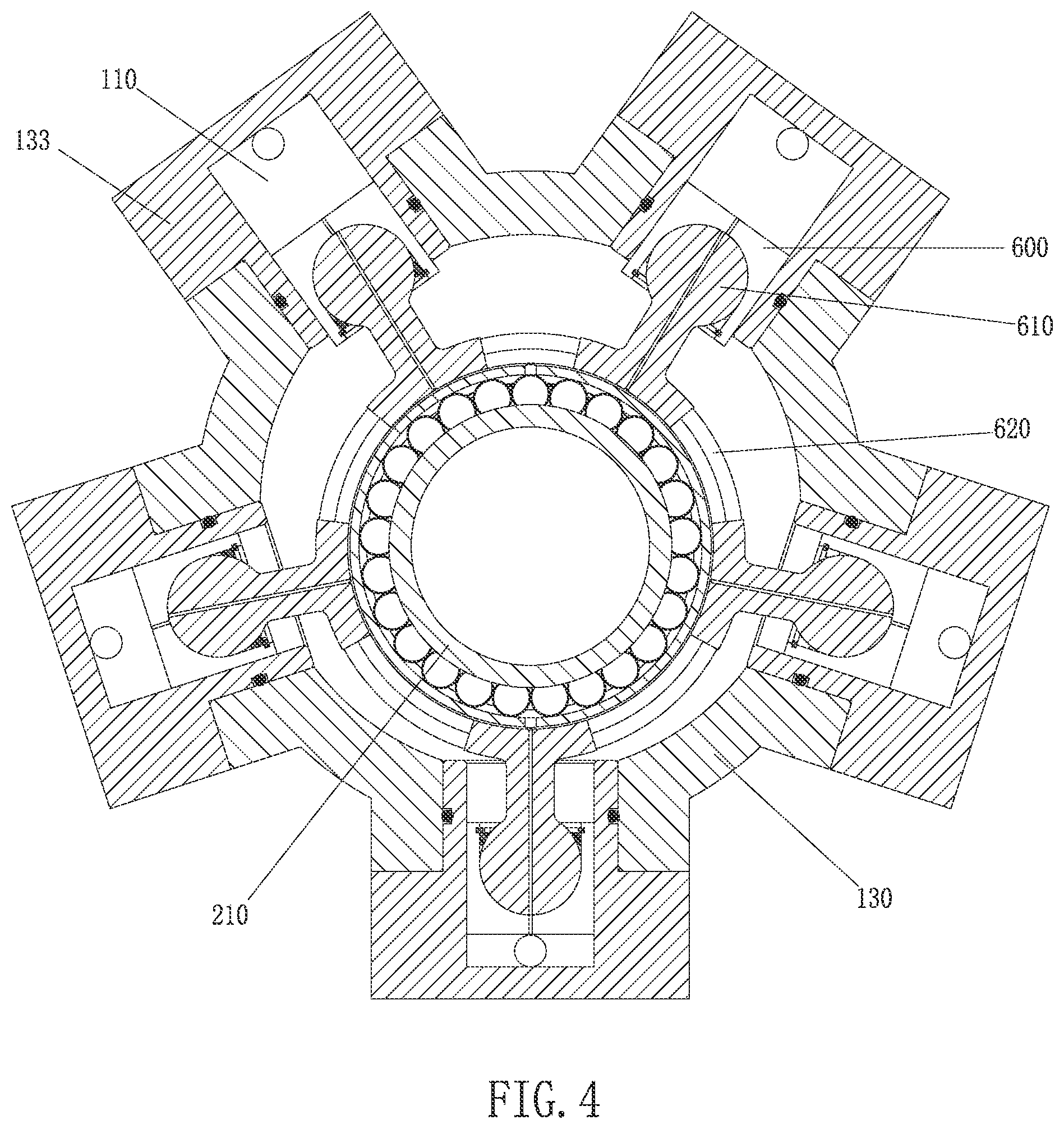 Patent US11781537 Figure 4 – Radial piston hydraulic device distributed by pilot operated check valves